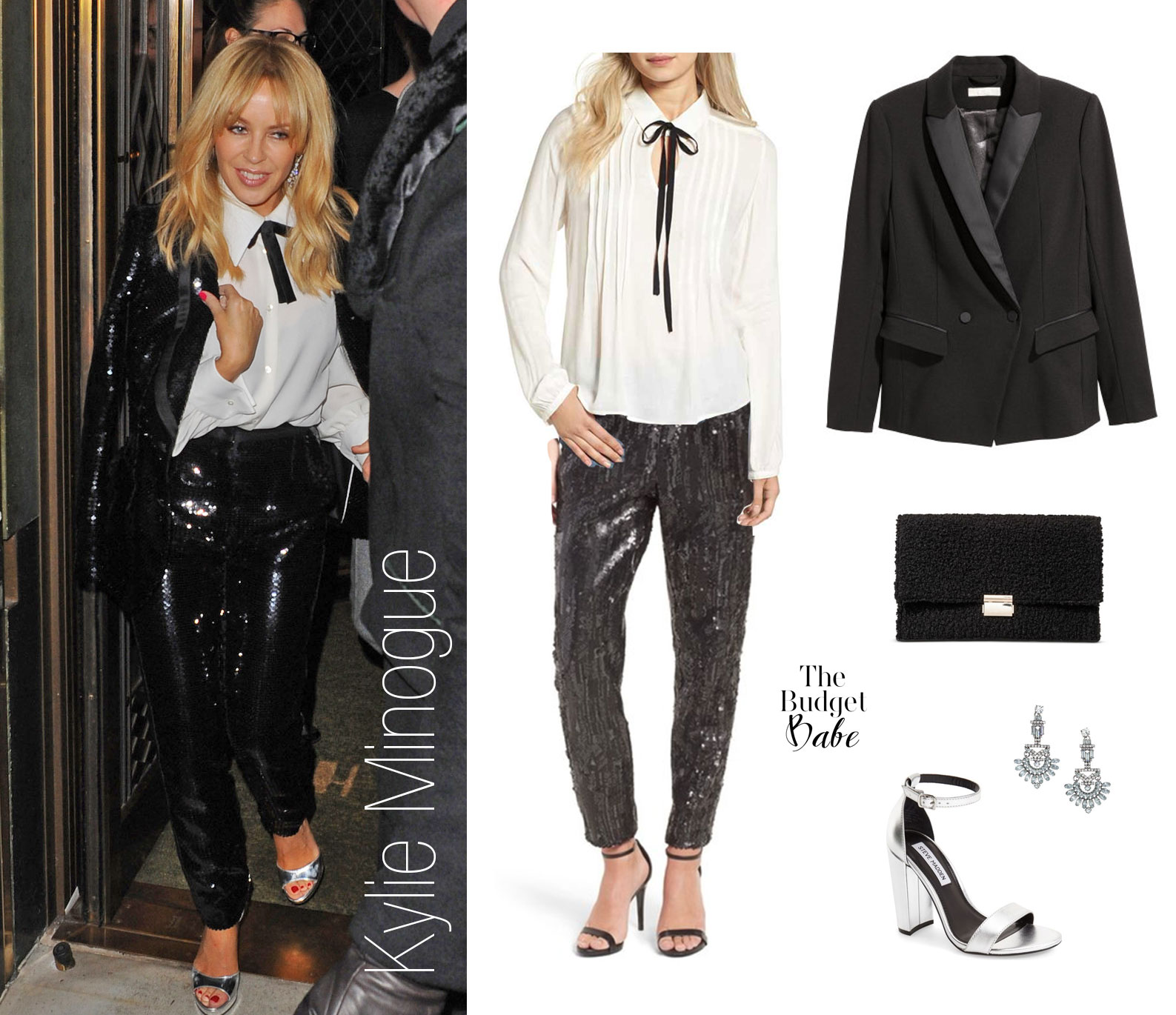 Try sequin pants with a bow tie blouse like Kylie Minogue for your next holiday party.
