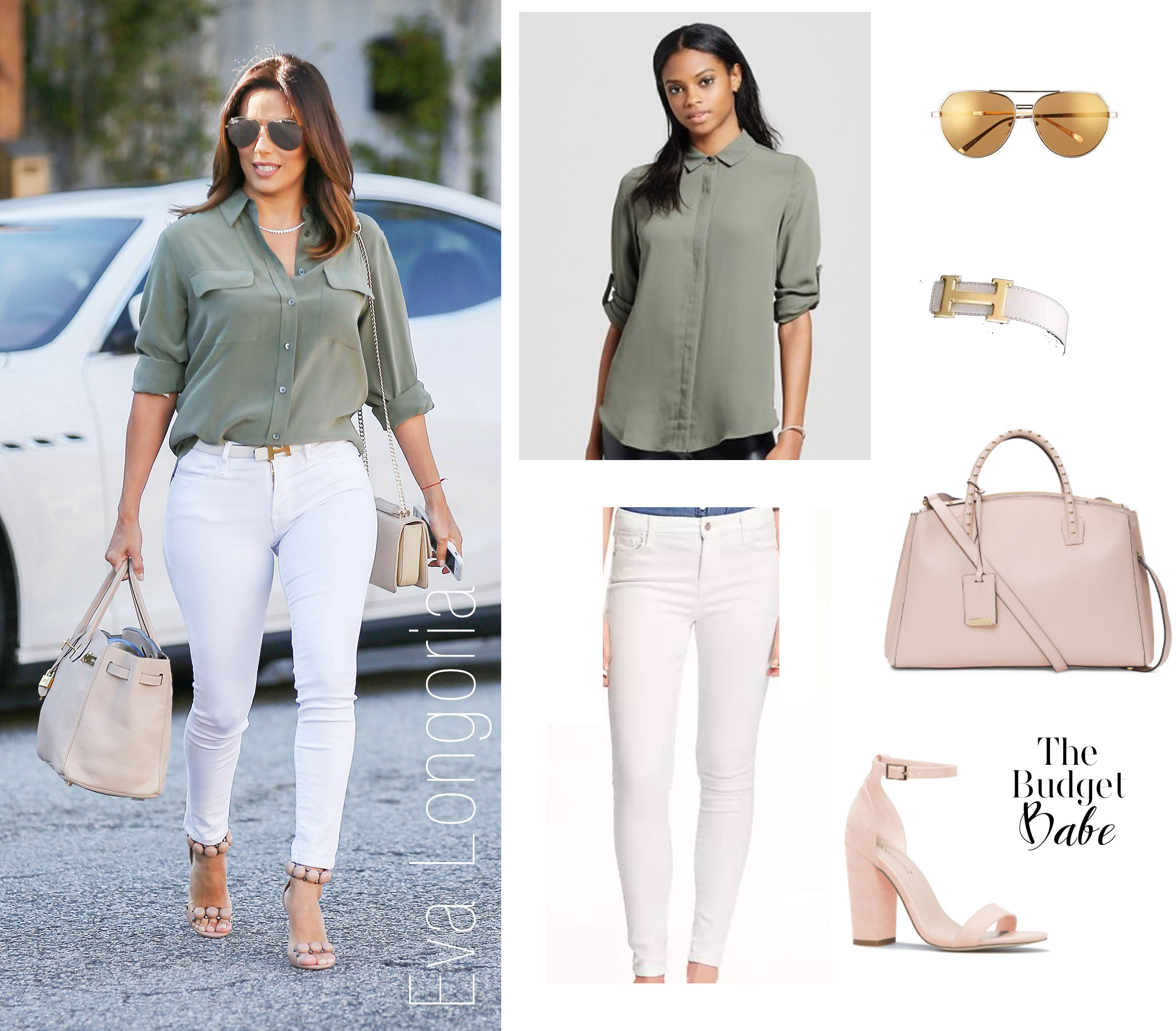 Eva Longoria looks chic in white denim and an olive blouse.