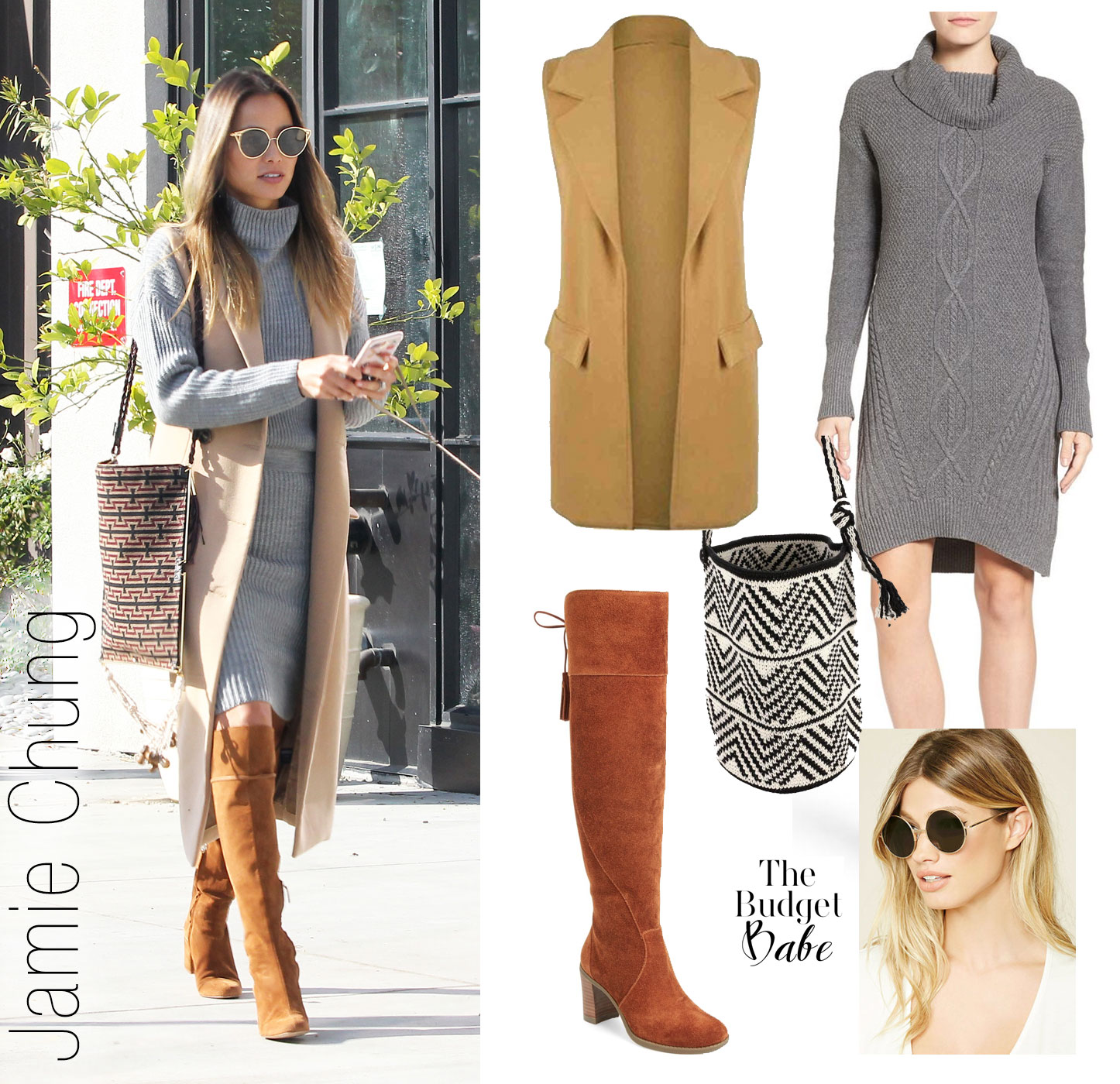 Recreate Jamie Chung's grey sweaterdress and camel vest look for less.