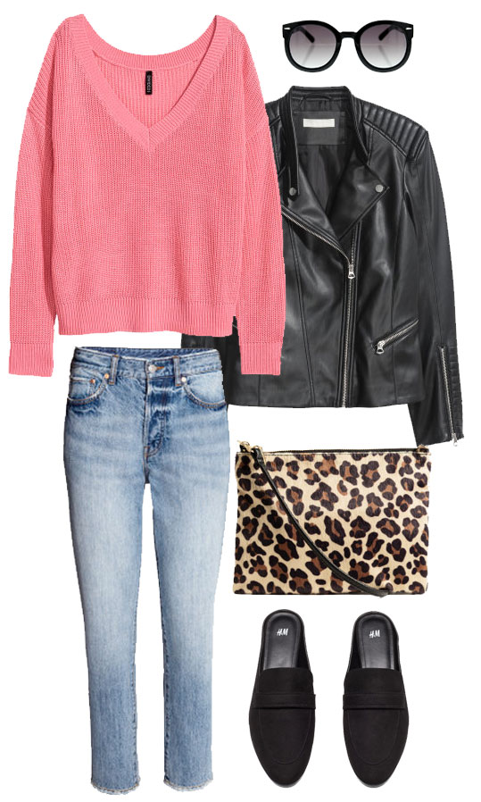 Try pink for spring transitional dressing with a pop of leopard and black extras.
