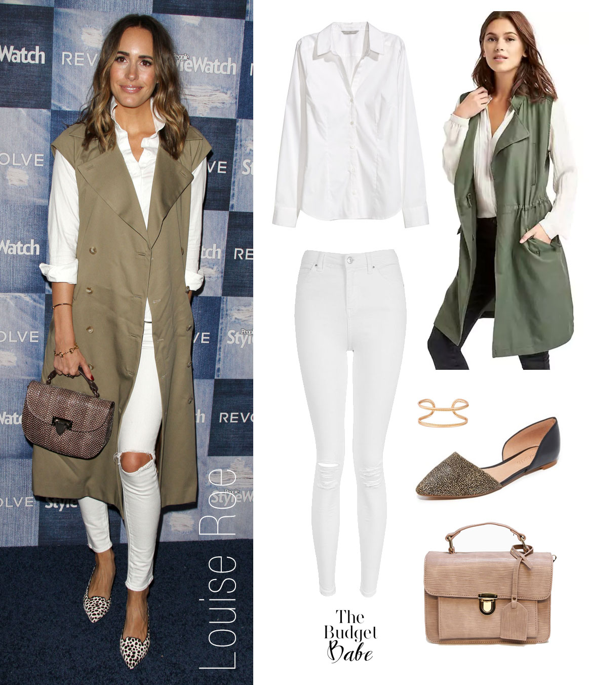 Louise Roe wears a white shirt and white jeans topped with a military style trench vest and pointy toe flats.