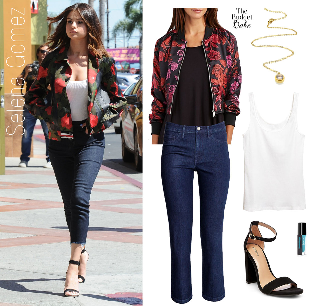Selena Gomez slays in a red rose bomber jacket and skinny jeans.