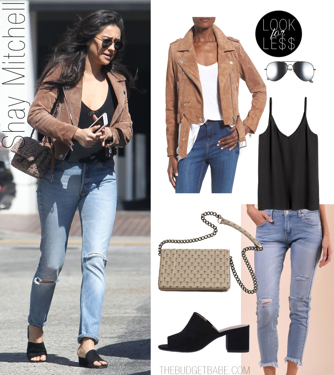 Shay Mitchell shows off her casual style in a tan moto jacket and black mules.
