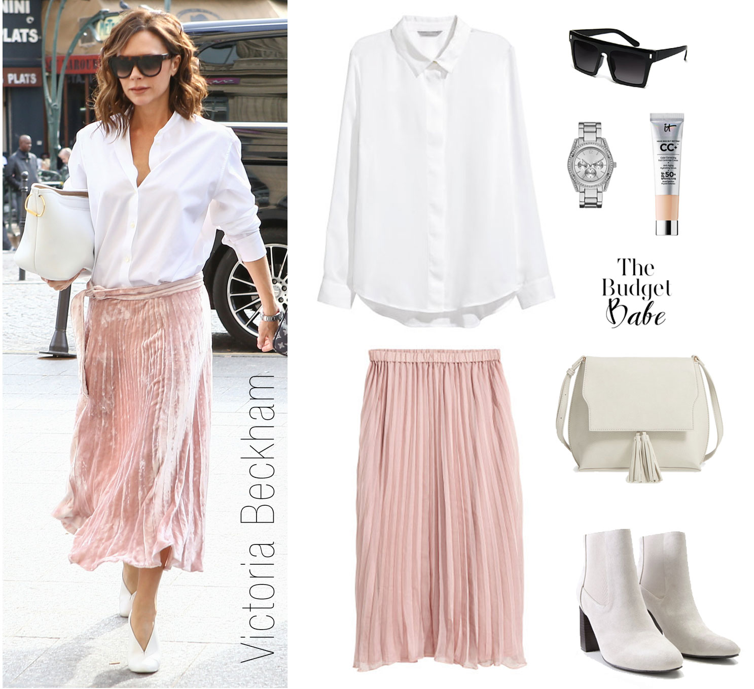 Victoria Beckham looks lovely in a pink pleated skirt and white blouse.