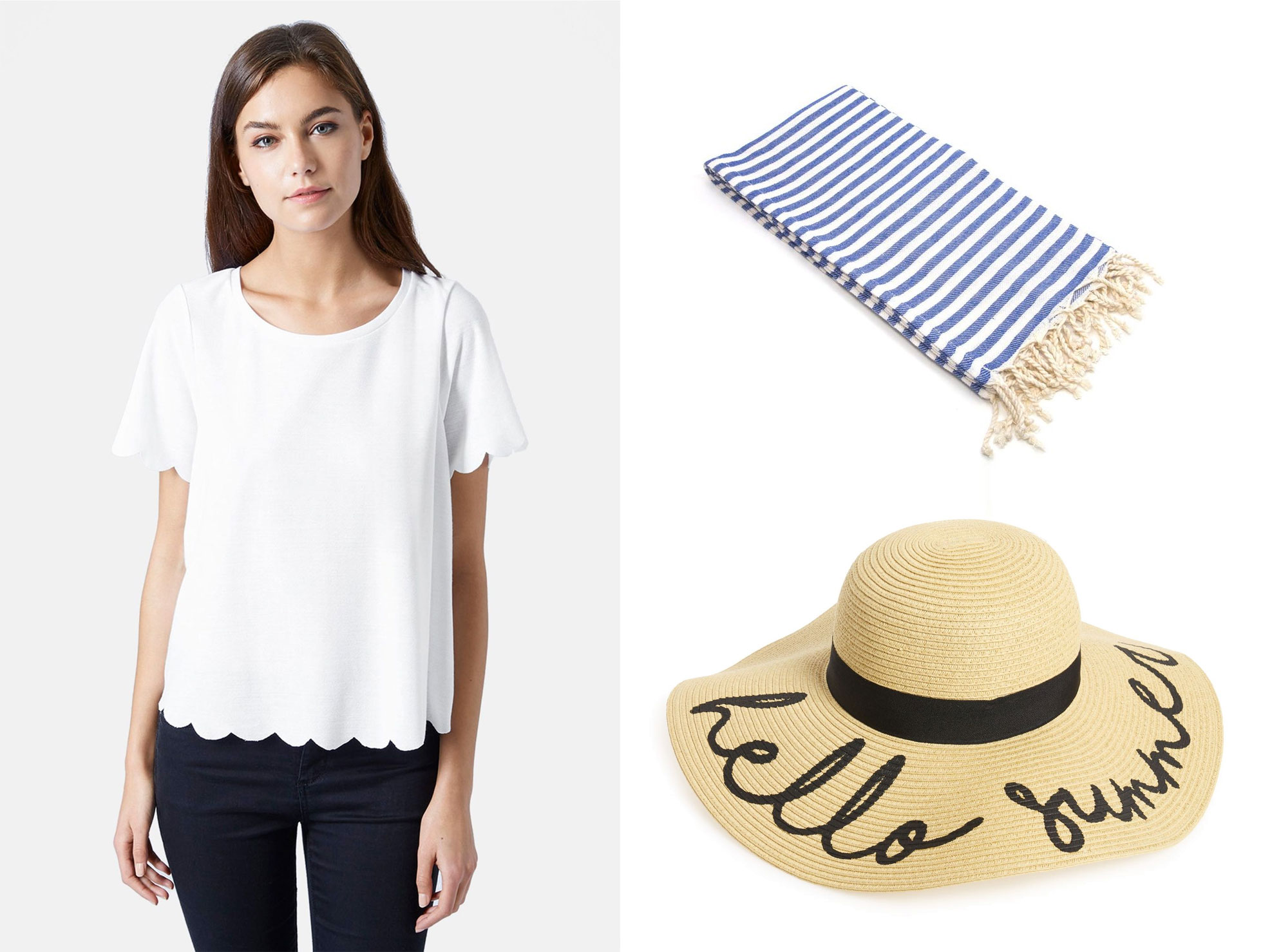 Scallop tee, beach towel and hello summer straw hat