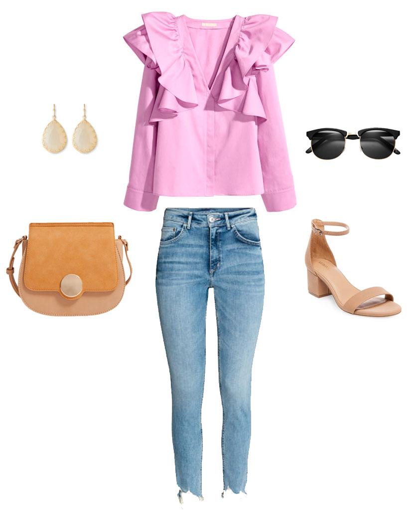 Spring outfit idea with a pink ruffle top