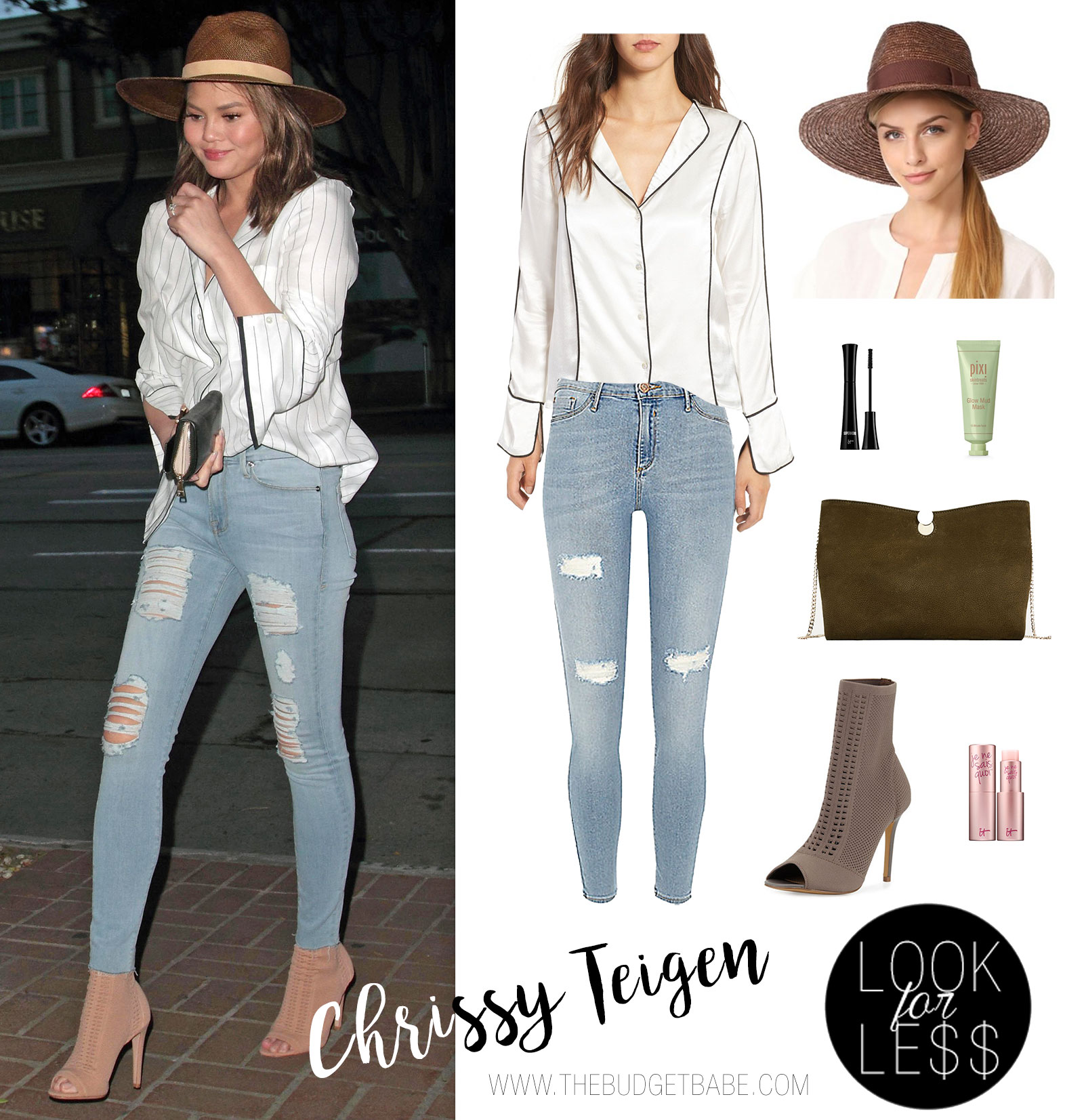 Chrissy Teigen wears the pajama trend with a Frame silk shirt and distressed skinny jeans.