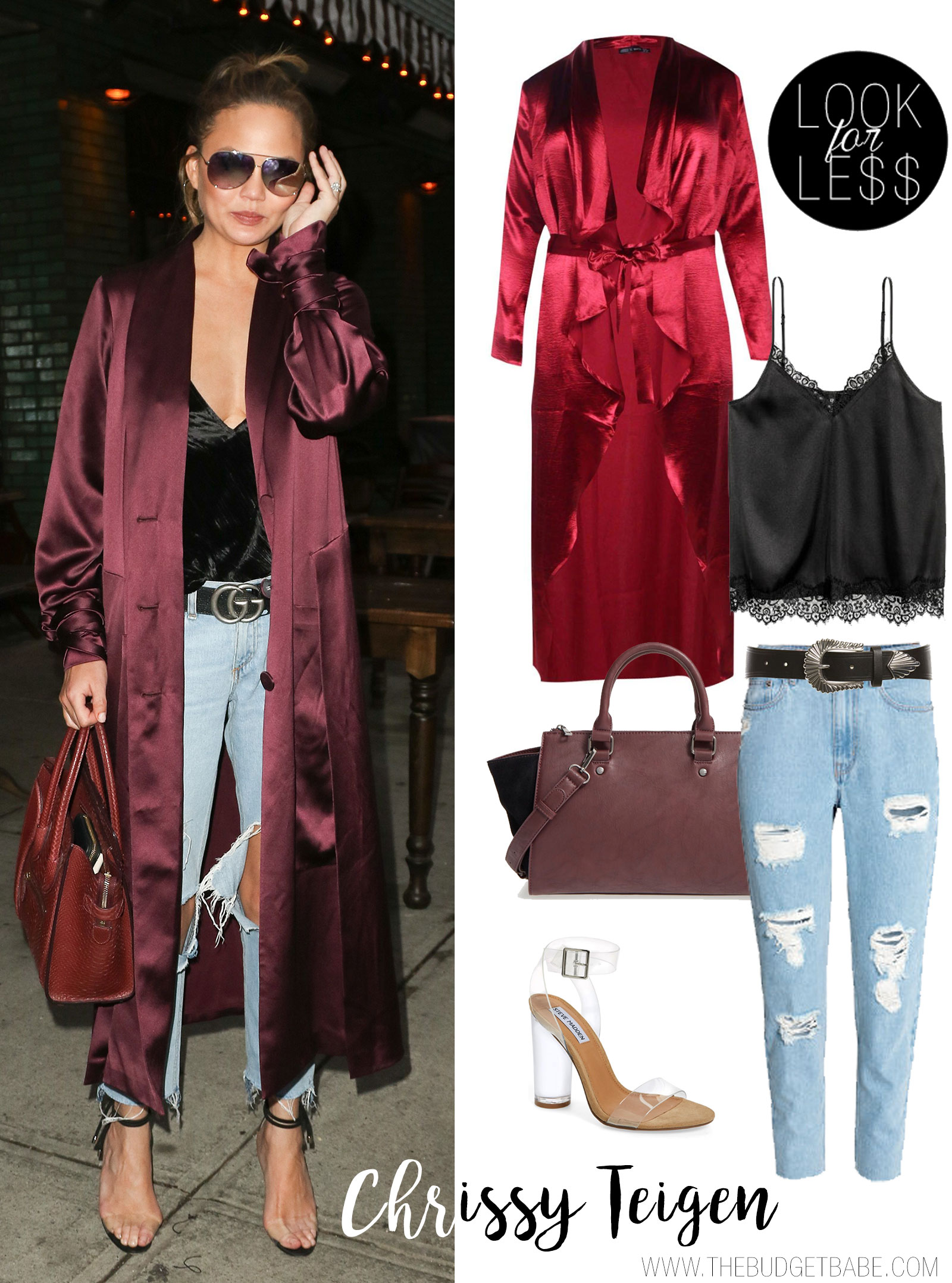 Chrissy Teigen steps out in a burgundy satin duster, ripped jeans and clear strap heels.