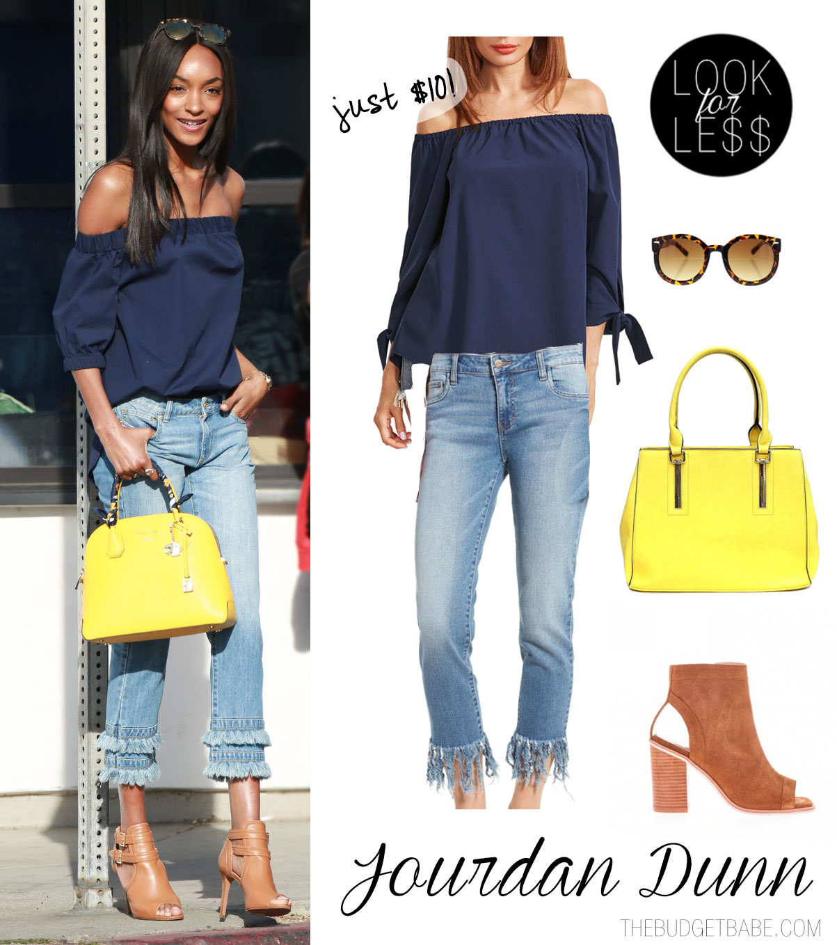 Jourdan Dunn pairs a navy off-the-shoulder top with fringe jeans and a yellow satchel.