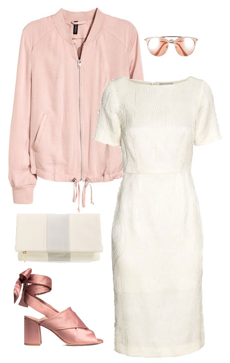 Outfit idea with white dress and blush bomber