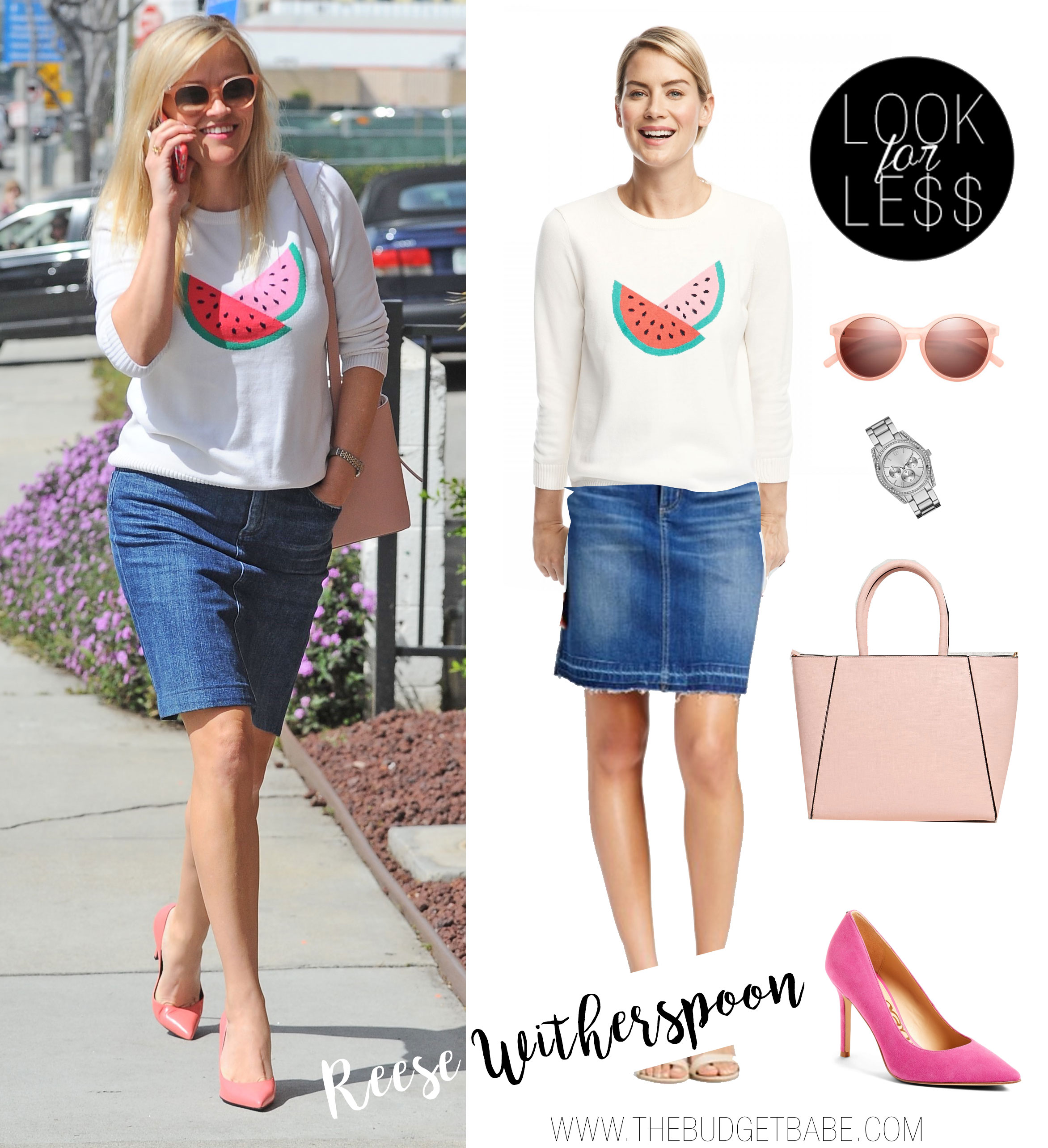 Reese Witherspoon wears a watermelon sweater with a denim skirt and pink accessories.