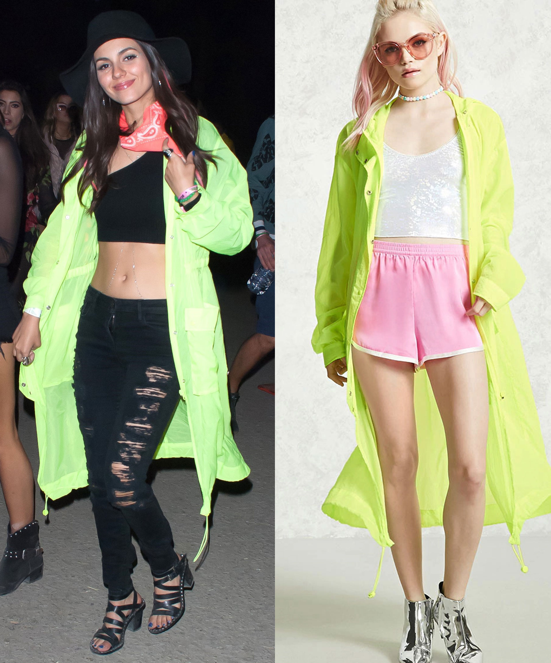 Victoria Justice wears a Forever 21 neon jacket at Coachella.