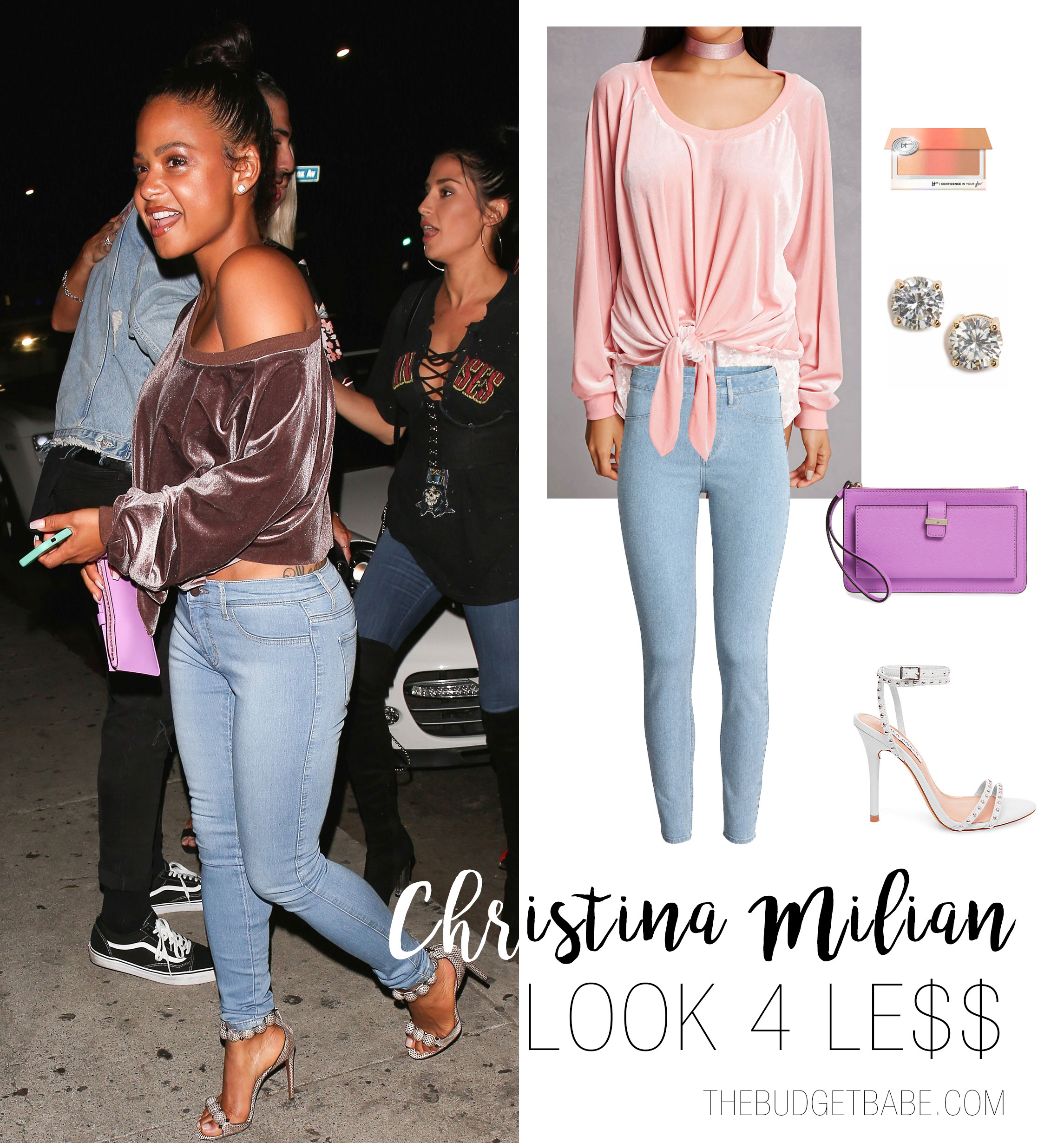 Christina Milian's velvet off-the-shoulder sweatshirt and skinny jeans look for less