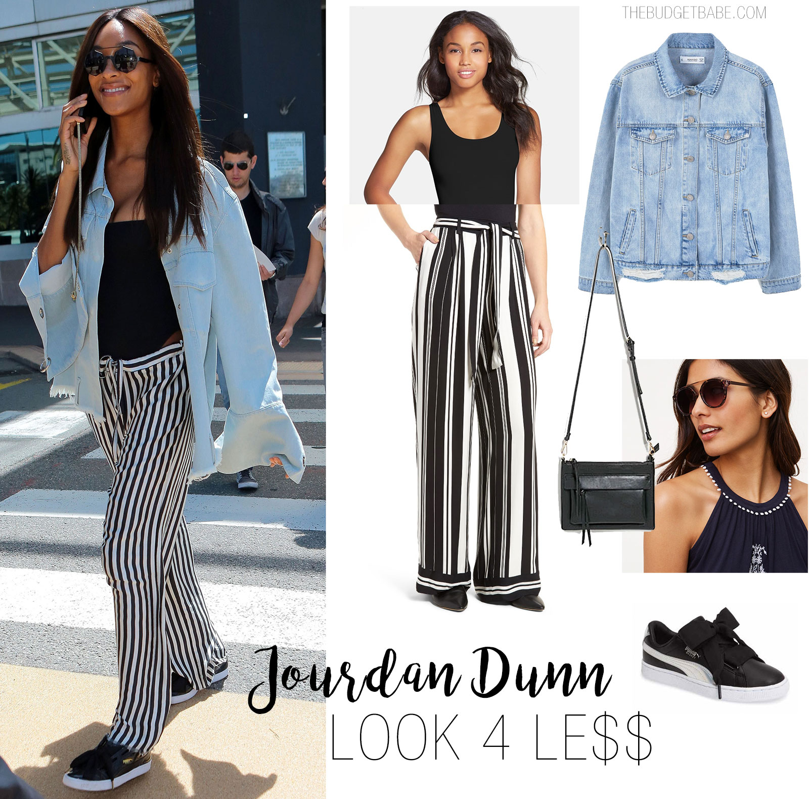 Jourdan Dunn wears vertical stripe pants with an oversized denim jacket and sneakers.