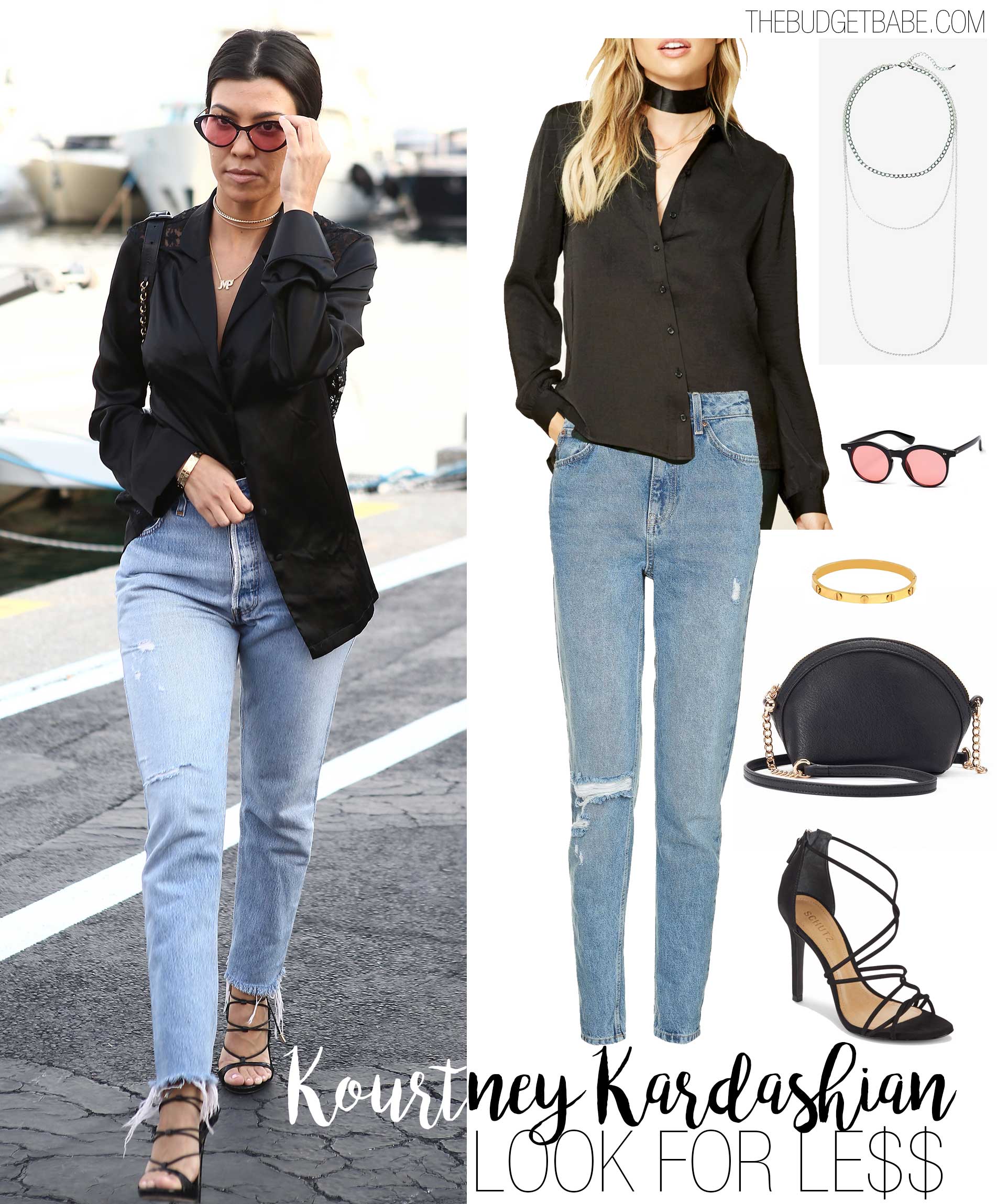 Kourtney Kardashian showed off her amazing figure in high-waist jeans and a silk pajama shirt.