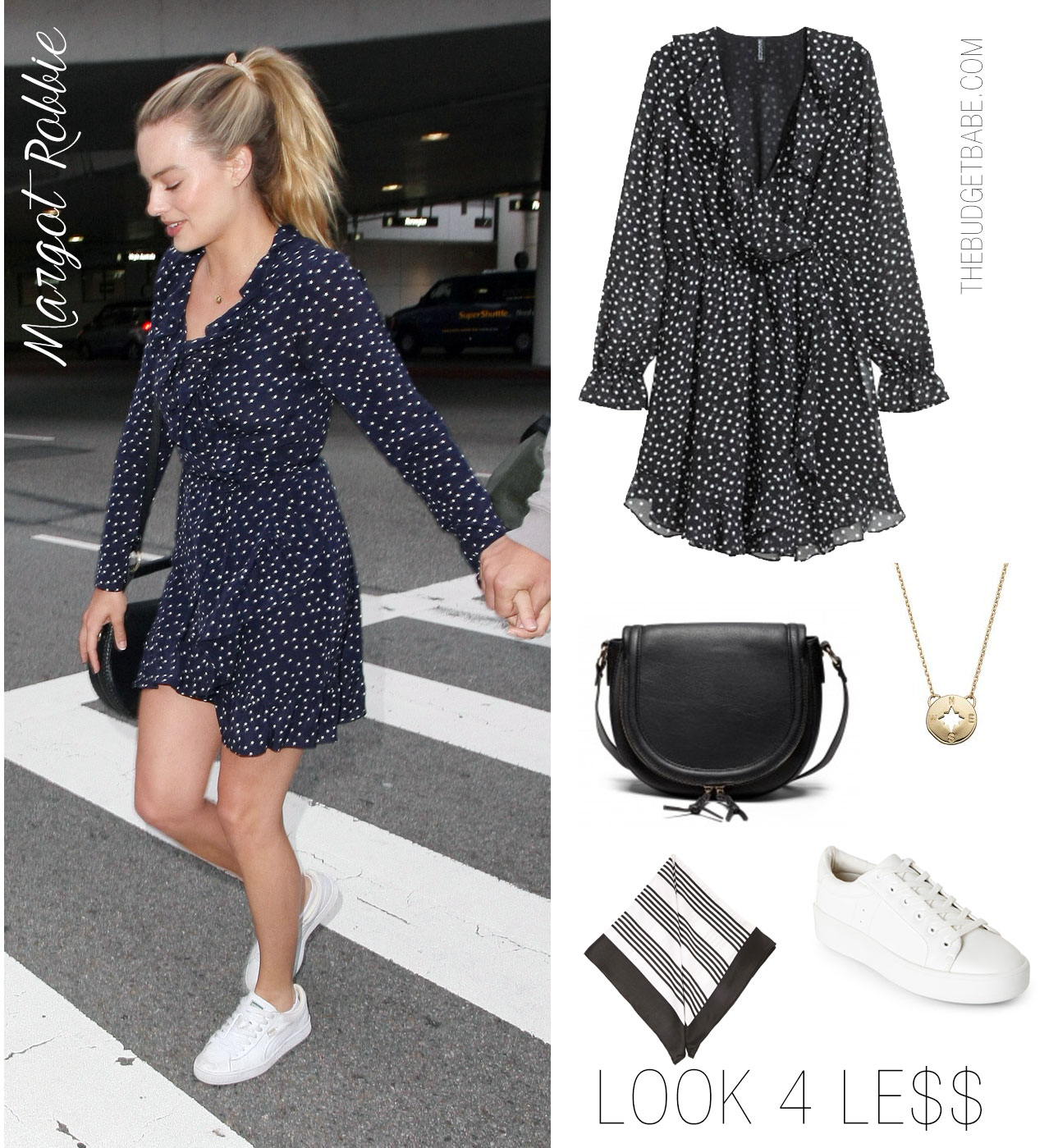 Margot Robbie looks chic in a retro-minded polka dot dress and modern white sneakers.