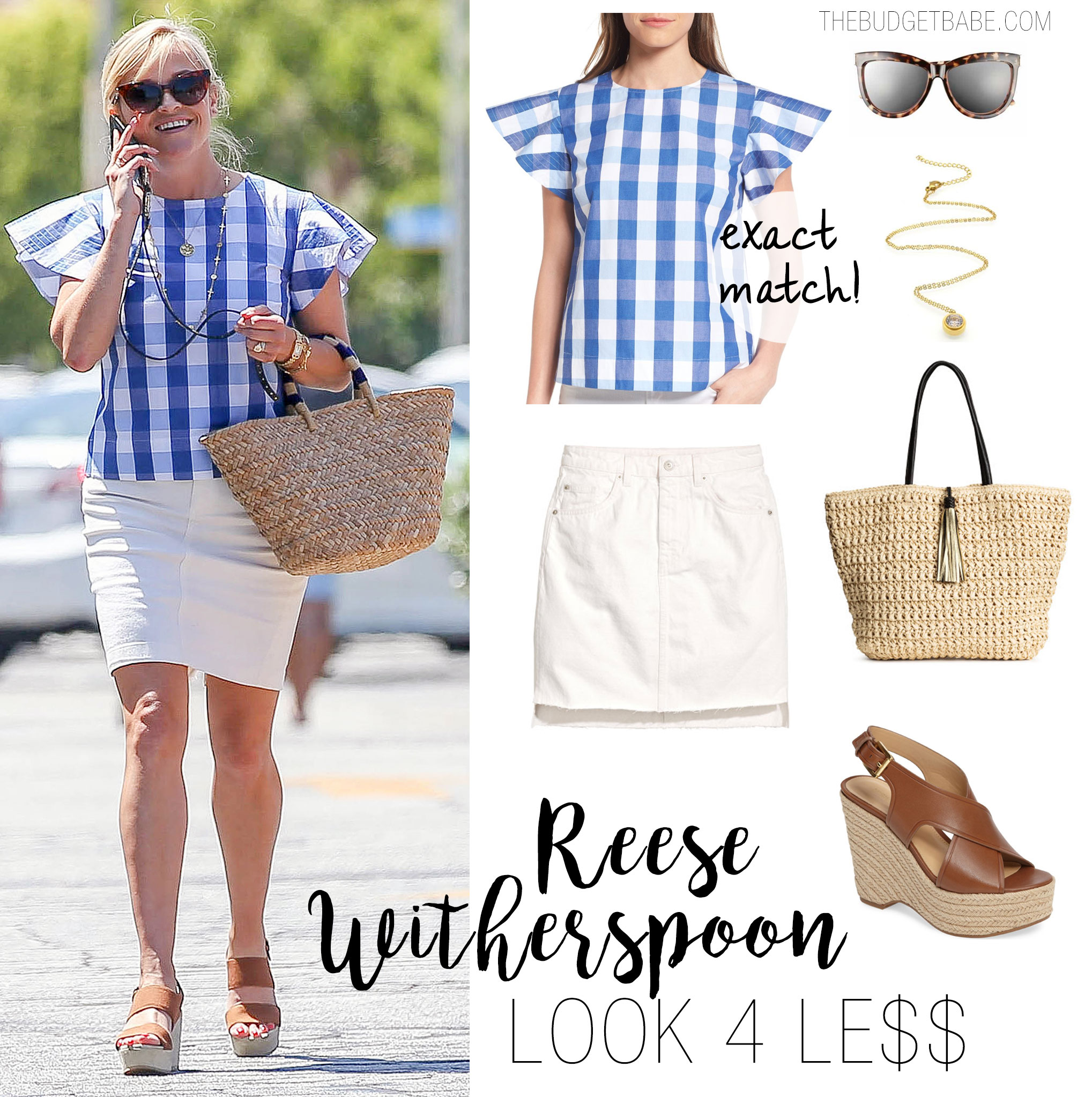 Reese Witherspoon Gingham Top and Off-White Skirt Look for Less