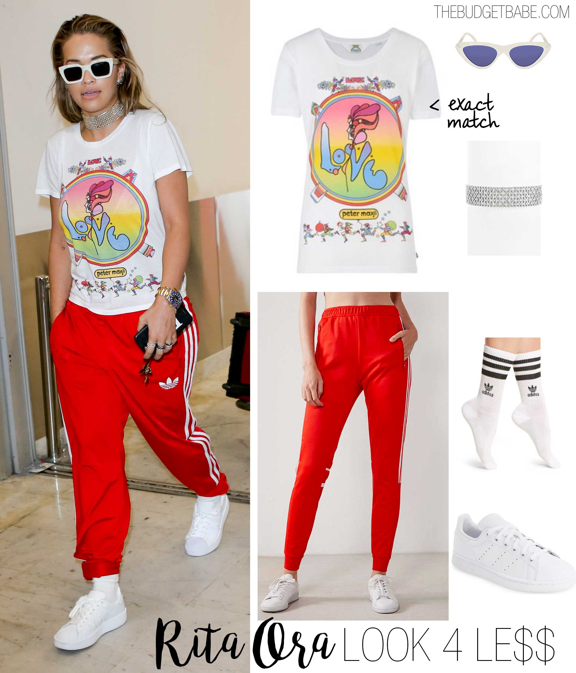 Rita Ora's 'Love' tee and adidas track pants look for less