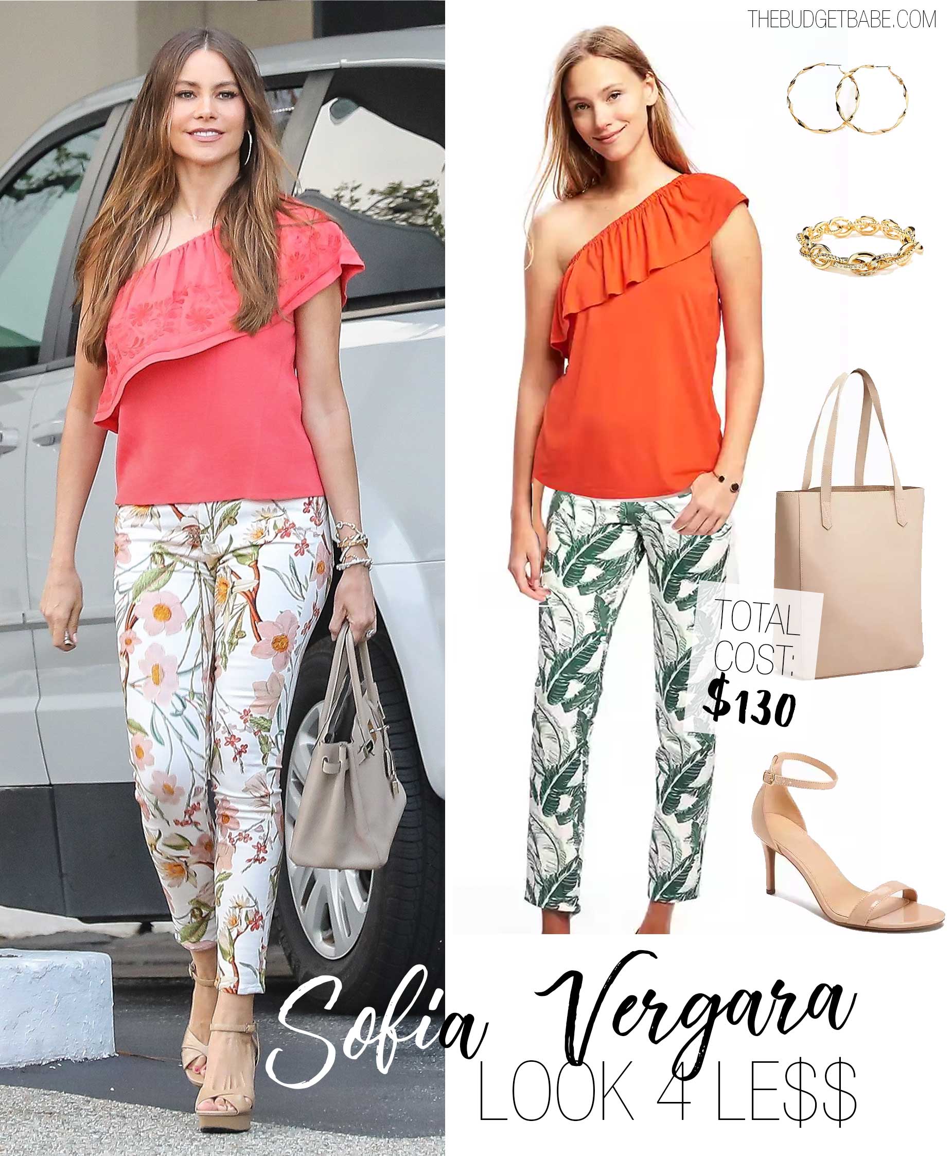 Sofia Vergara wears a one shoulder coral ruffle top with floral print pants and nude platform sandals.
