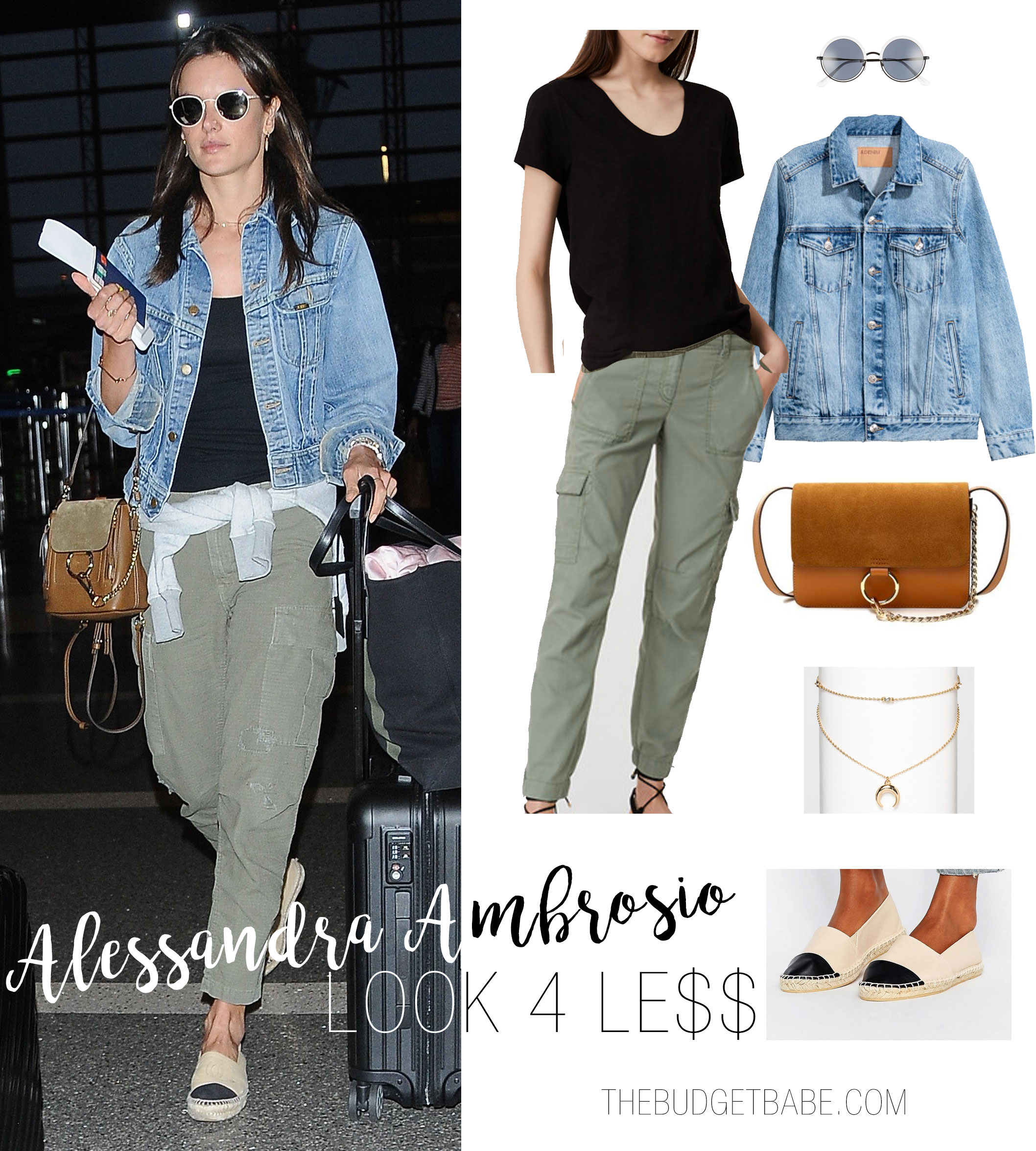 Alessandra Ambrosio's airport style is casual and cool, with a black tee, olive cargos and denim jacket.