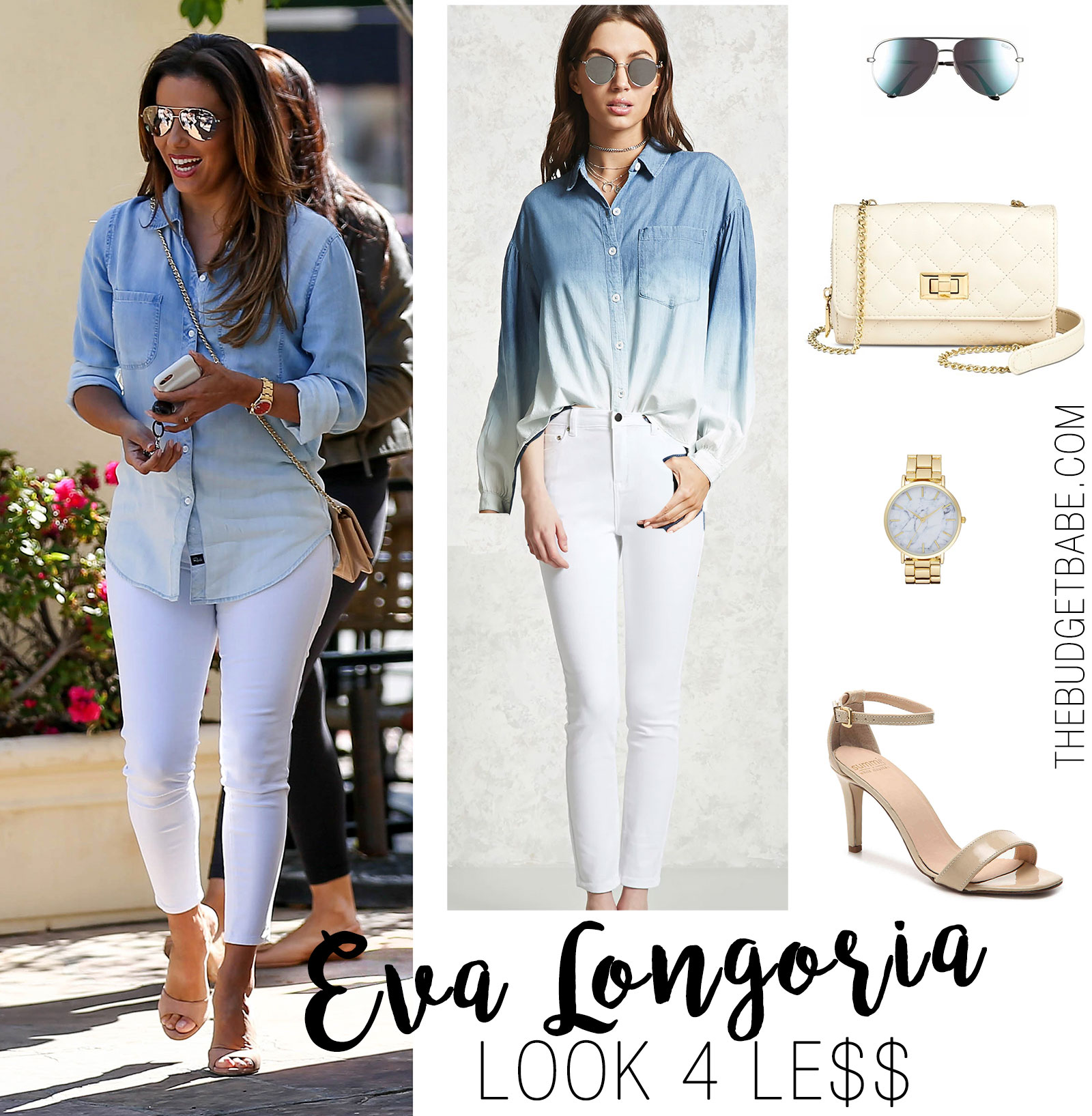 Eva Longoria is all smiles in her ombre denim shirt, white skinny jeans, and nude slide heels.