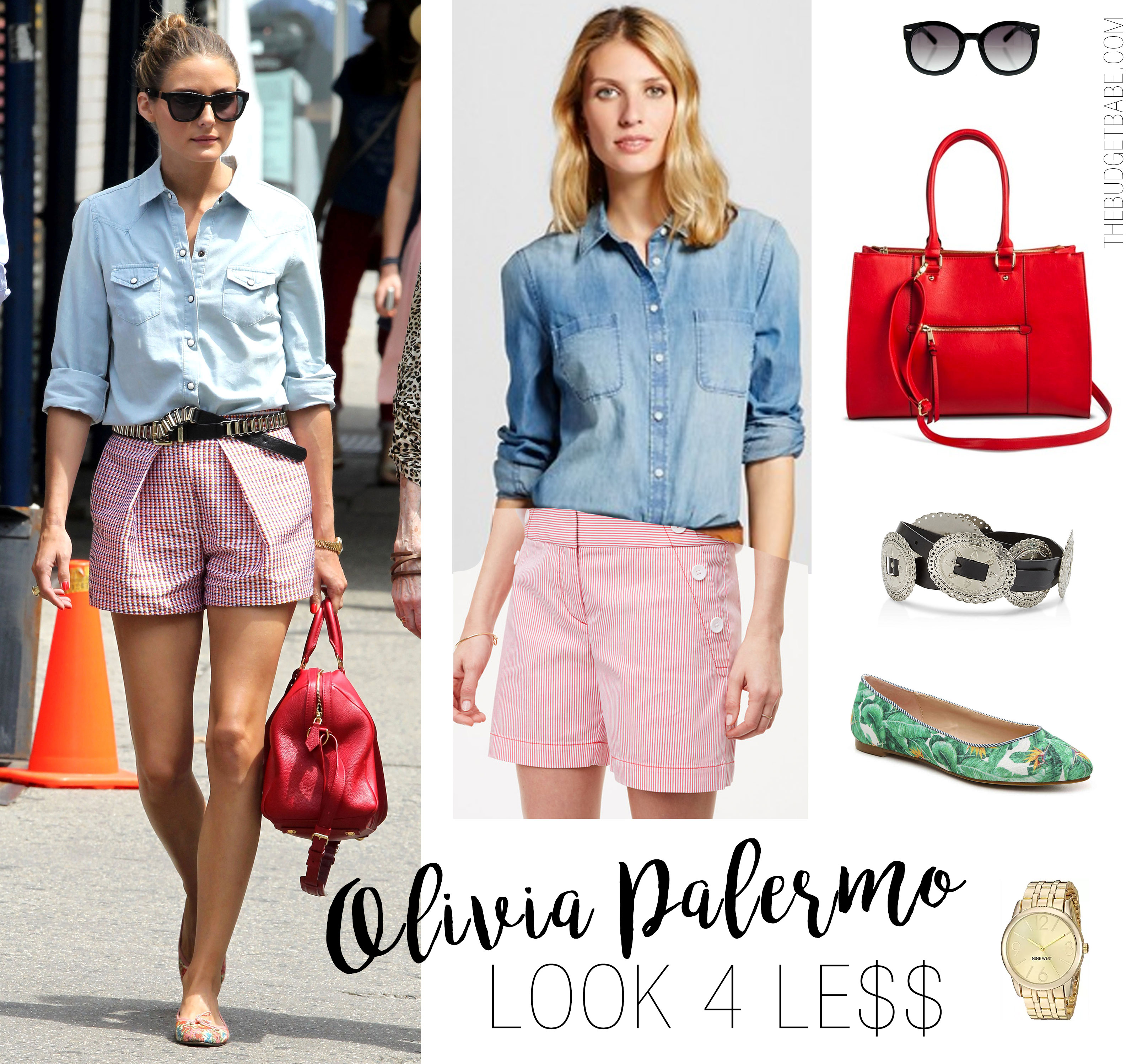 Olivia Palermo's denim shirt and red seersucker shorts look is perfect for summer holidays like the Fourth of July!