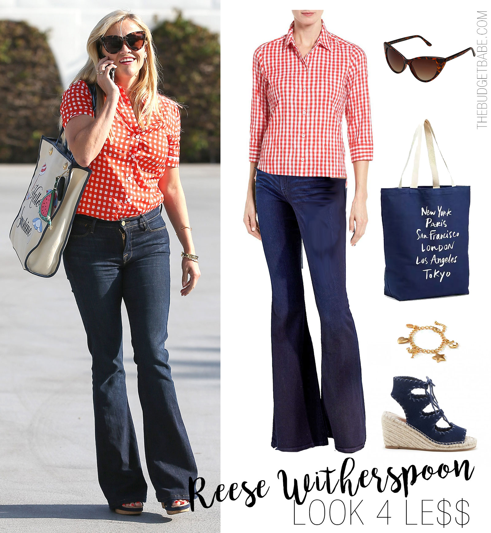 Reese Witherspoon is summery in a red gingham shirt, flare jeans and wedge sandals.