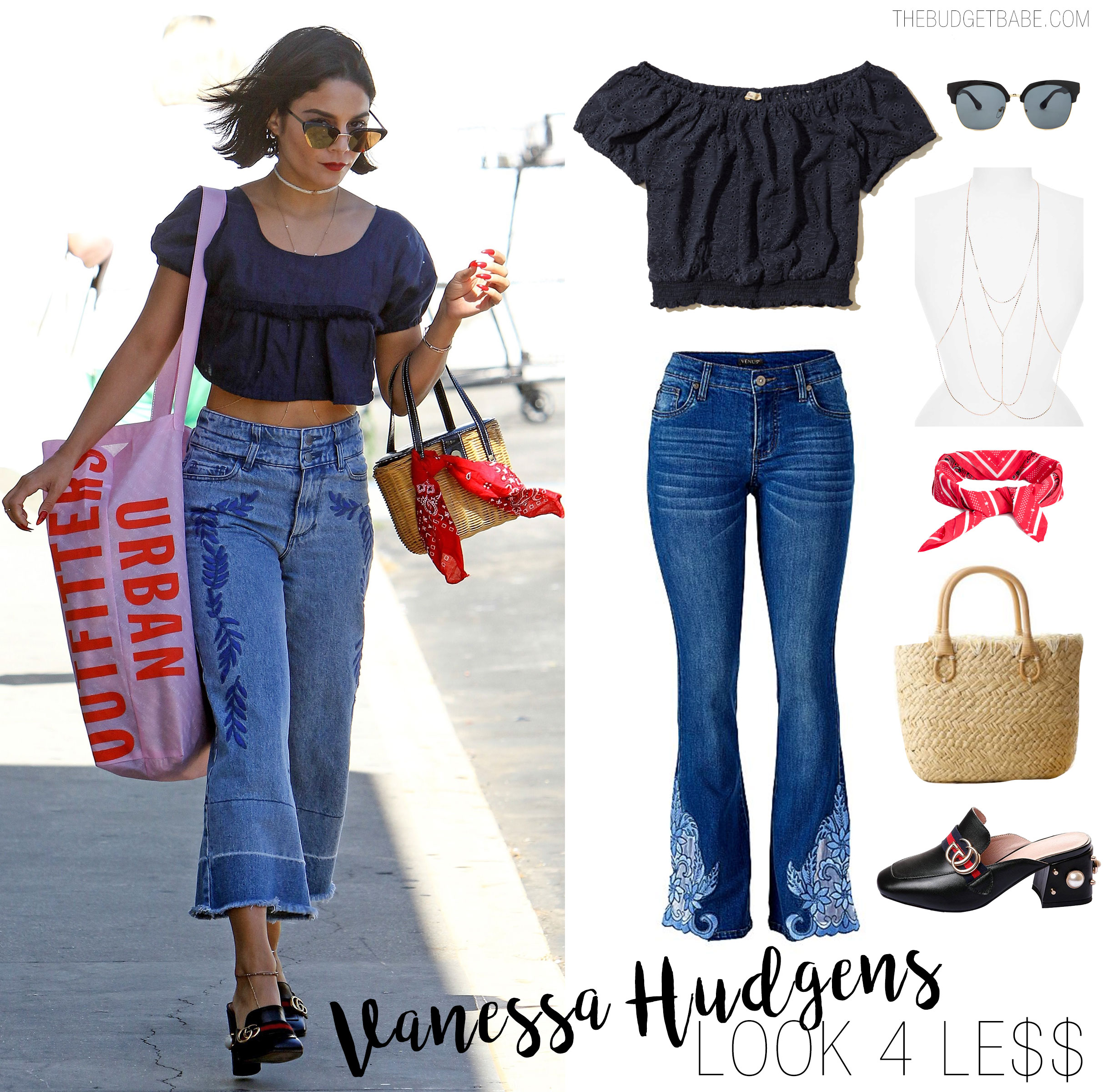 Vanessa Hudgens' shops at Urban Outfitters in a crop top and embroidered flare leg crop jeans.