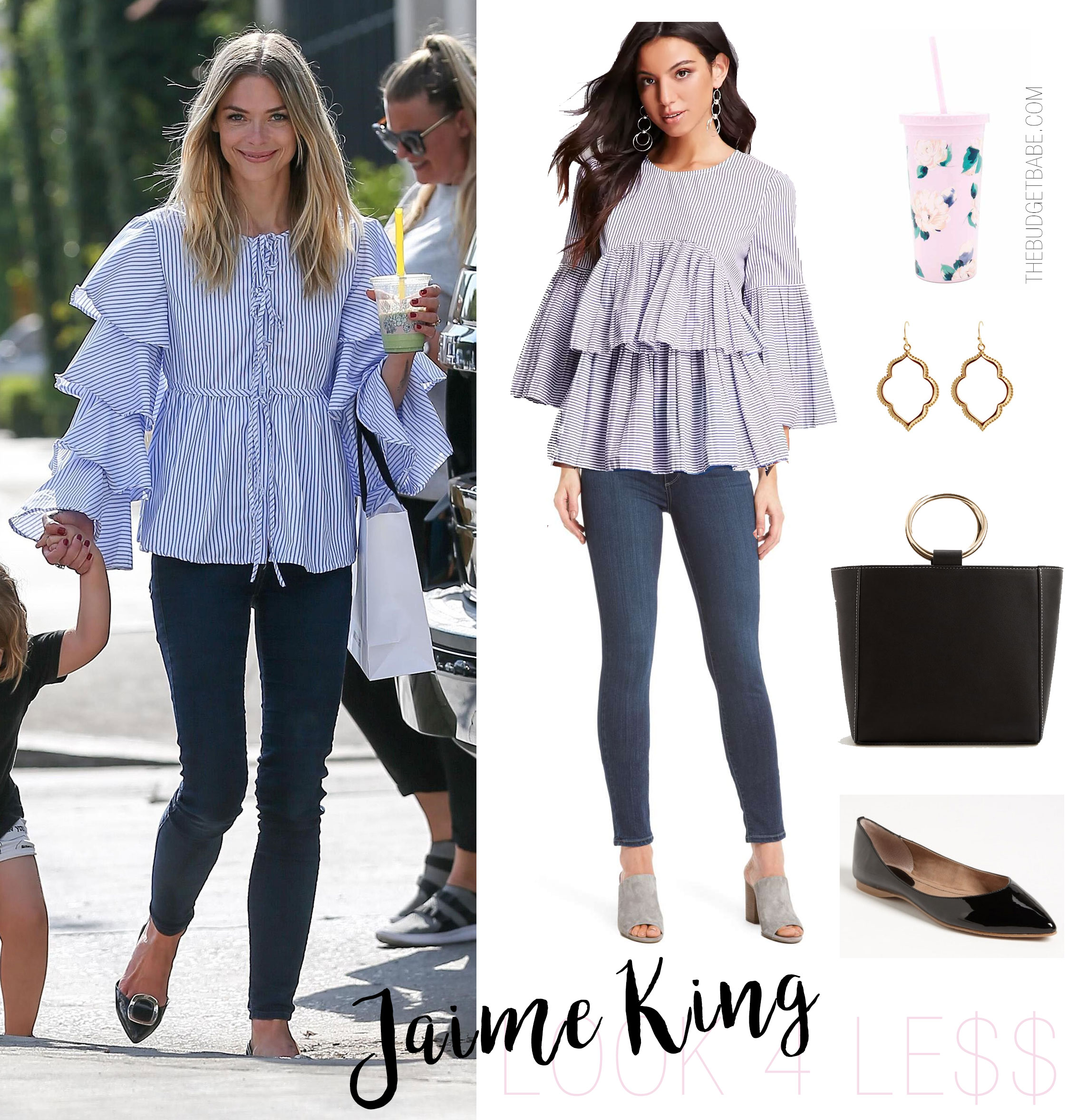 Jaime King wears a ruffle shirt and skinny jeans while shopping.