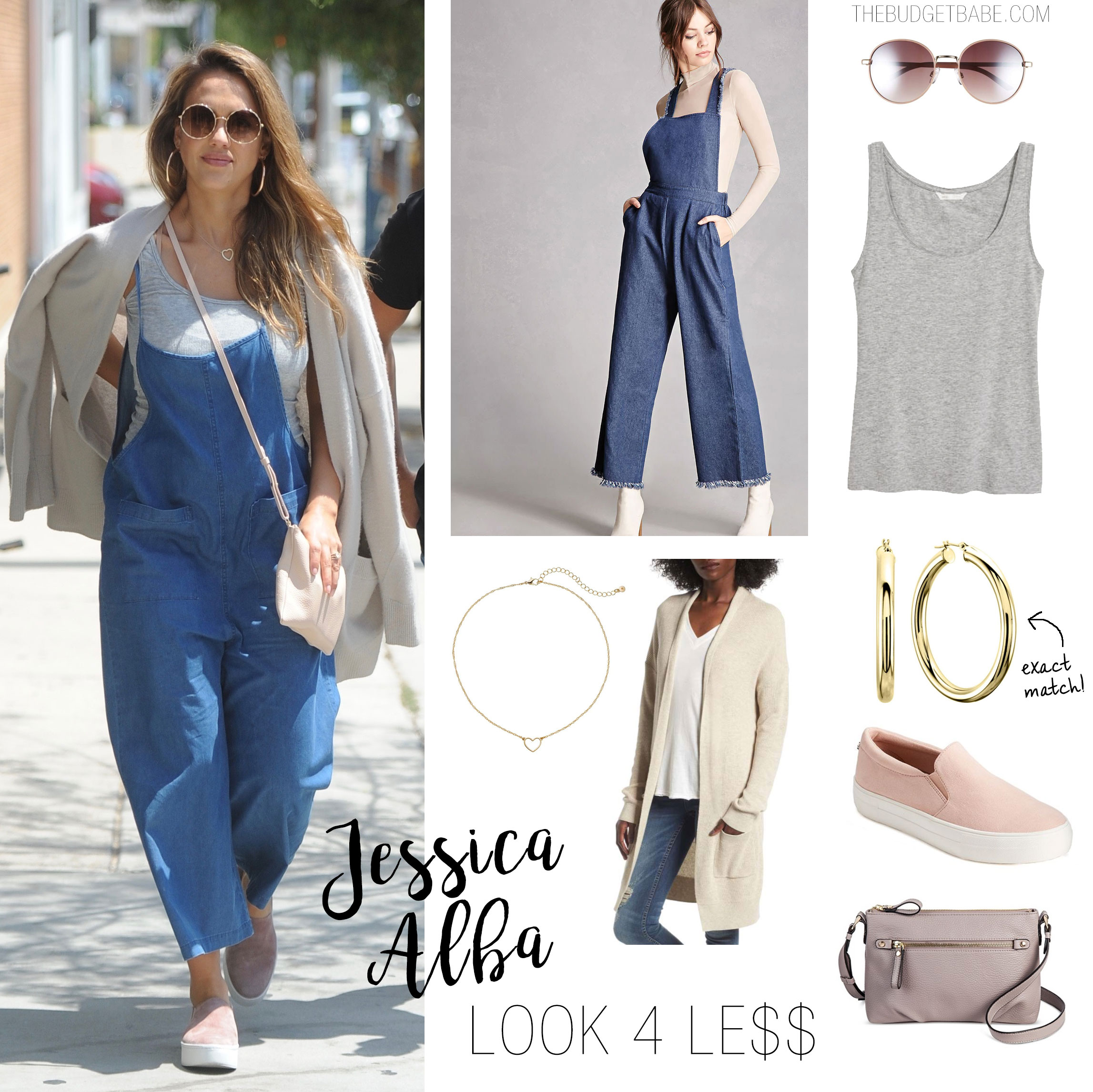 Jessica Alba looks cute in chambray overalls and blush slip on sneakers