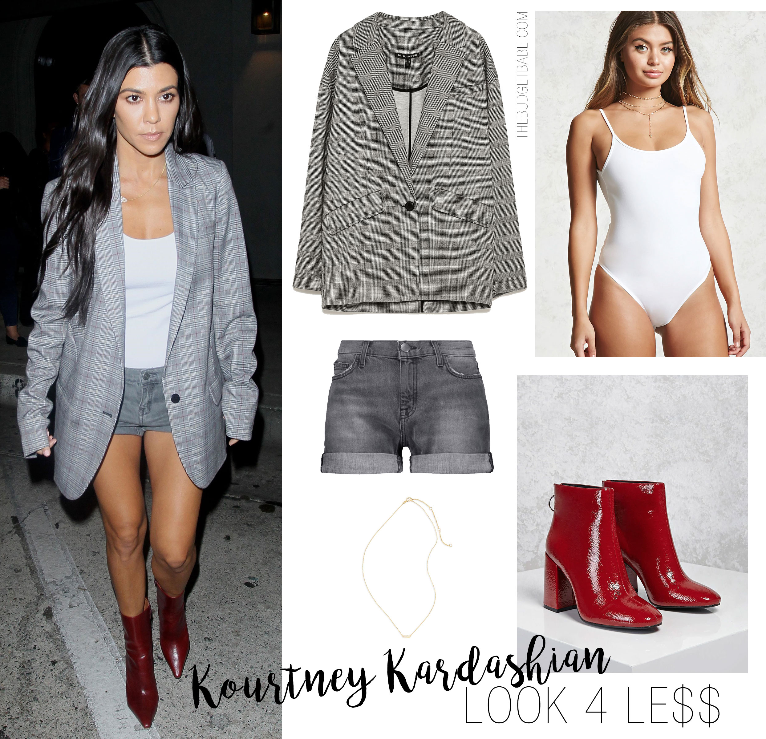 Kourtney Kardashian is seen leaving a restaurant in an oversized blazer, denim shorts and red ankle boots.
