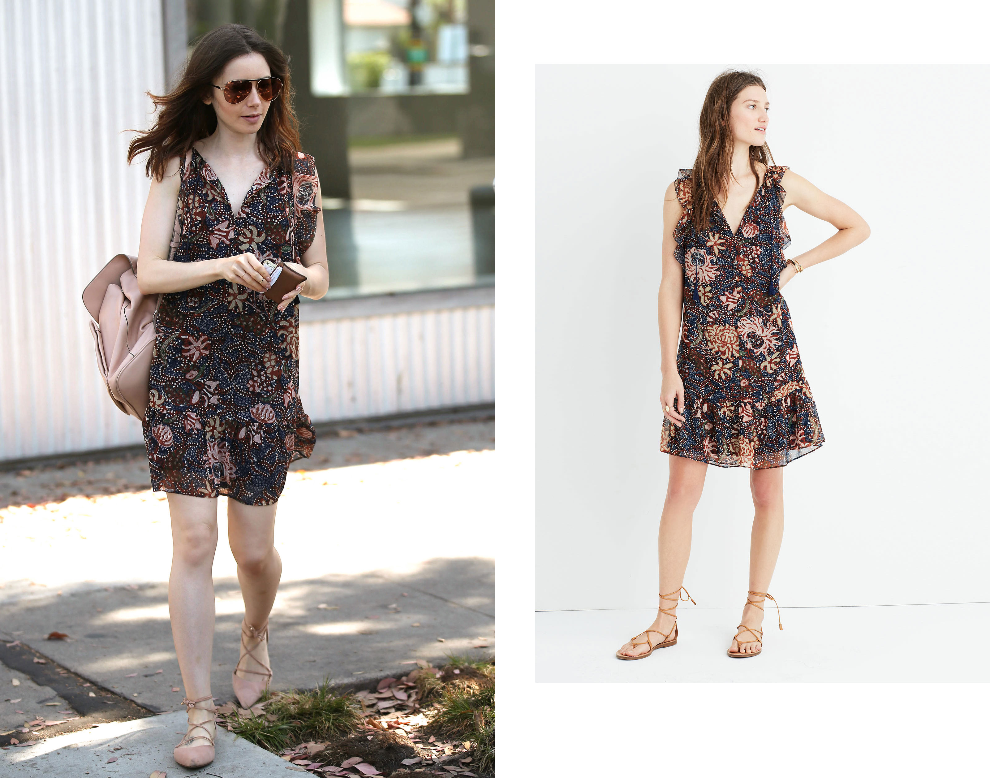 Lily Collins wears the cutest Madewell floral dress (under $100) with blush nude accessories.