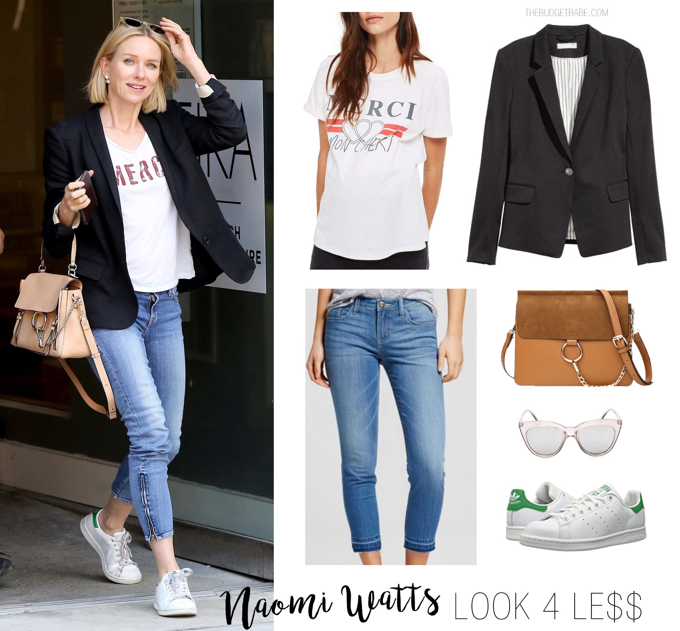 Naomi Watts looks cool and casual in a blazer, slogan t-shirt and Adidas sneakers