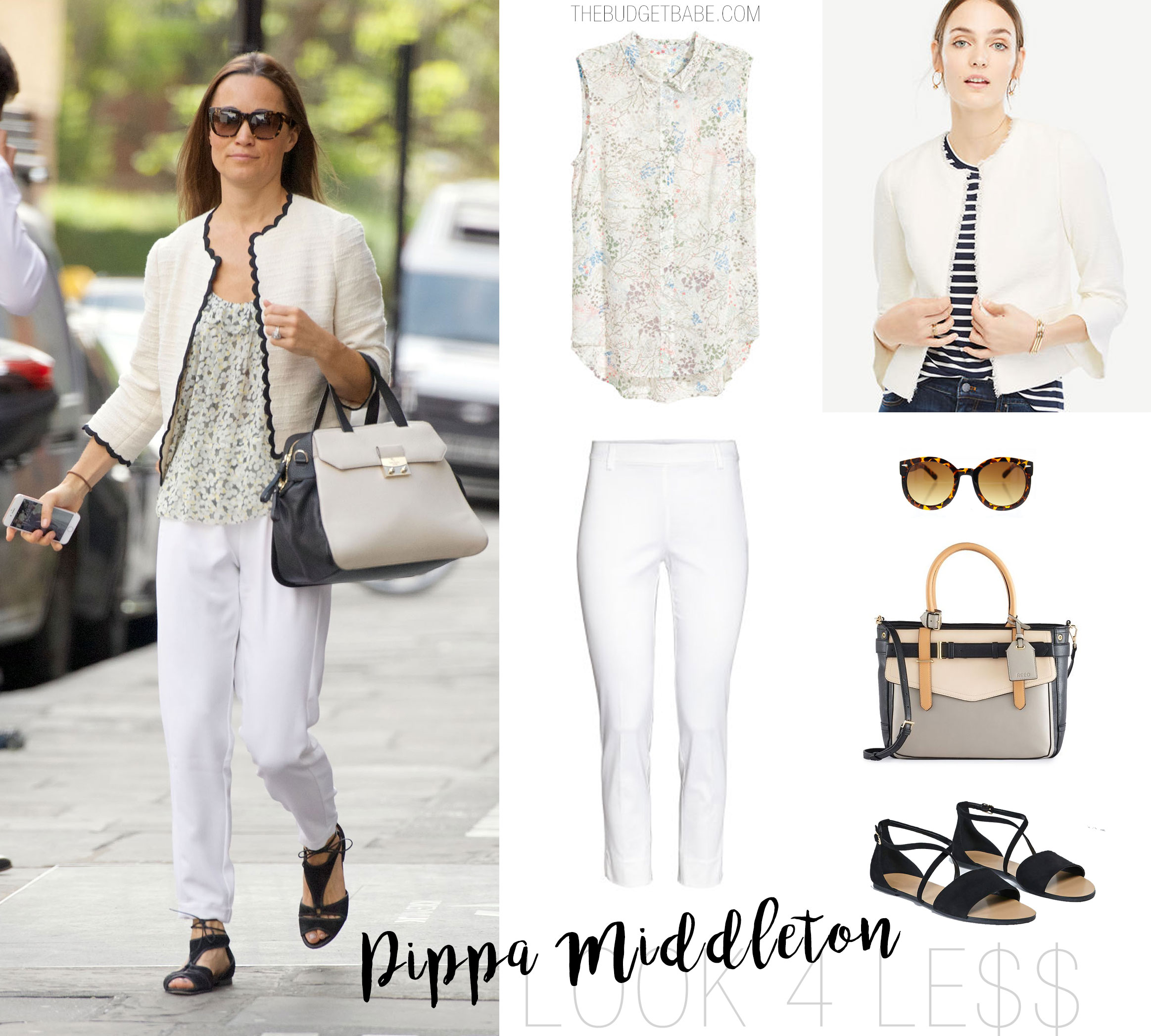 Pippa Middleton's summer style features a white tweed blazer with black scallop trim and white pants.