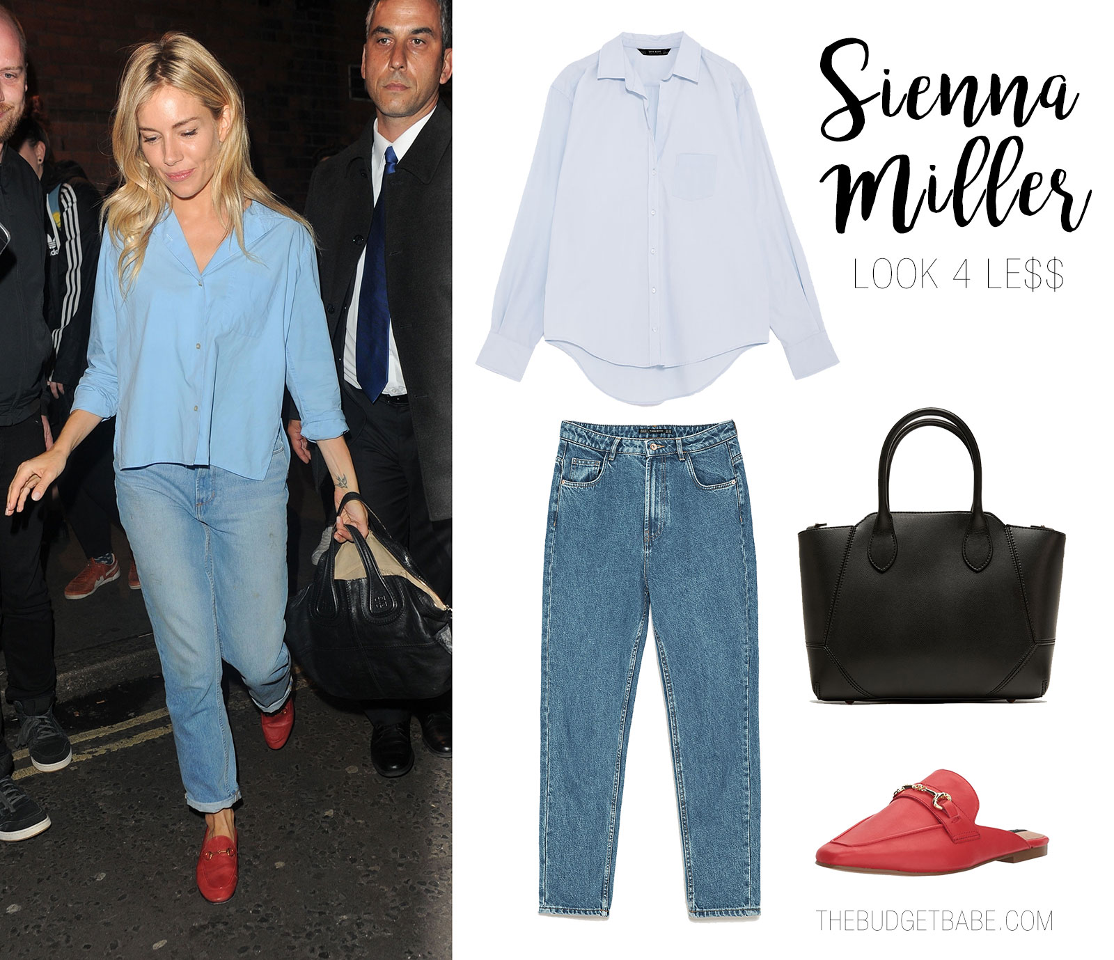 Sienna Miller's minimal mom jeans and red loafers look for less