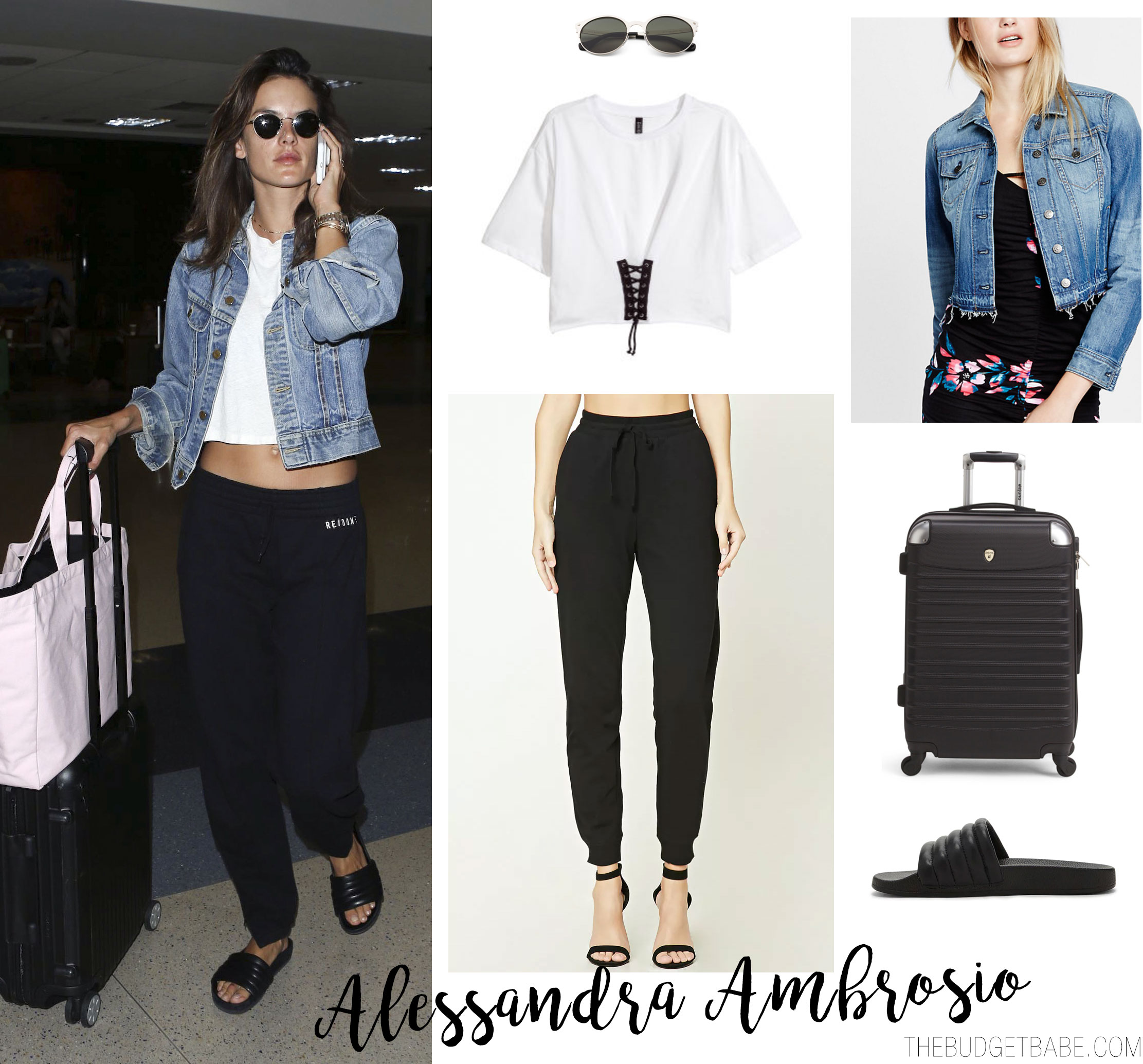 Alessandra Ambrosio wears a denim jacket, Re/Done sweatpants and Isabel Marant quilted slide sandals.