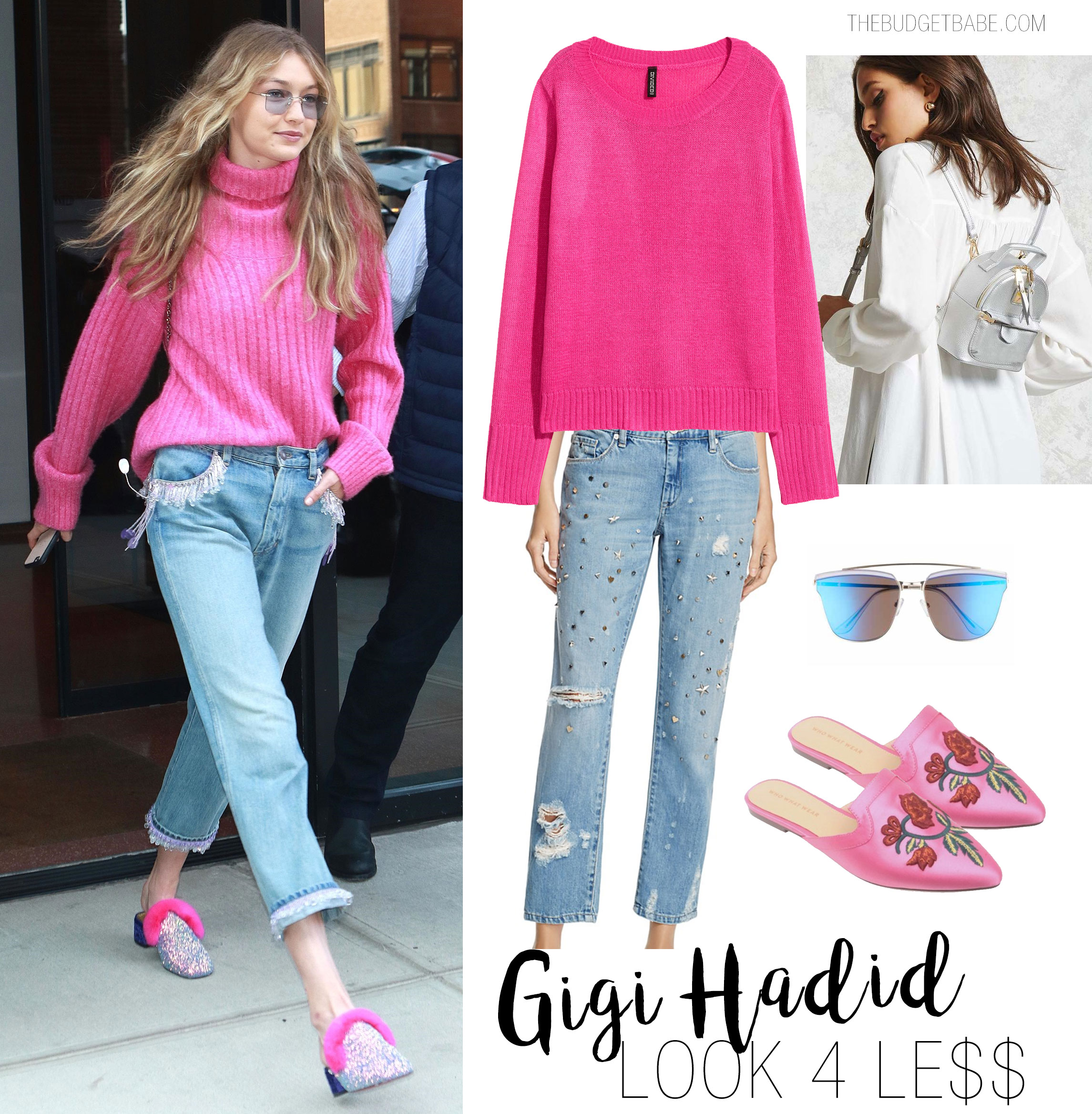 Gigi Hadid wears a hot pink turtleneck sweater with embellished jeans and Christian Louboutin glitter and fur mules.