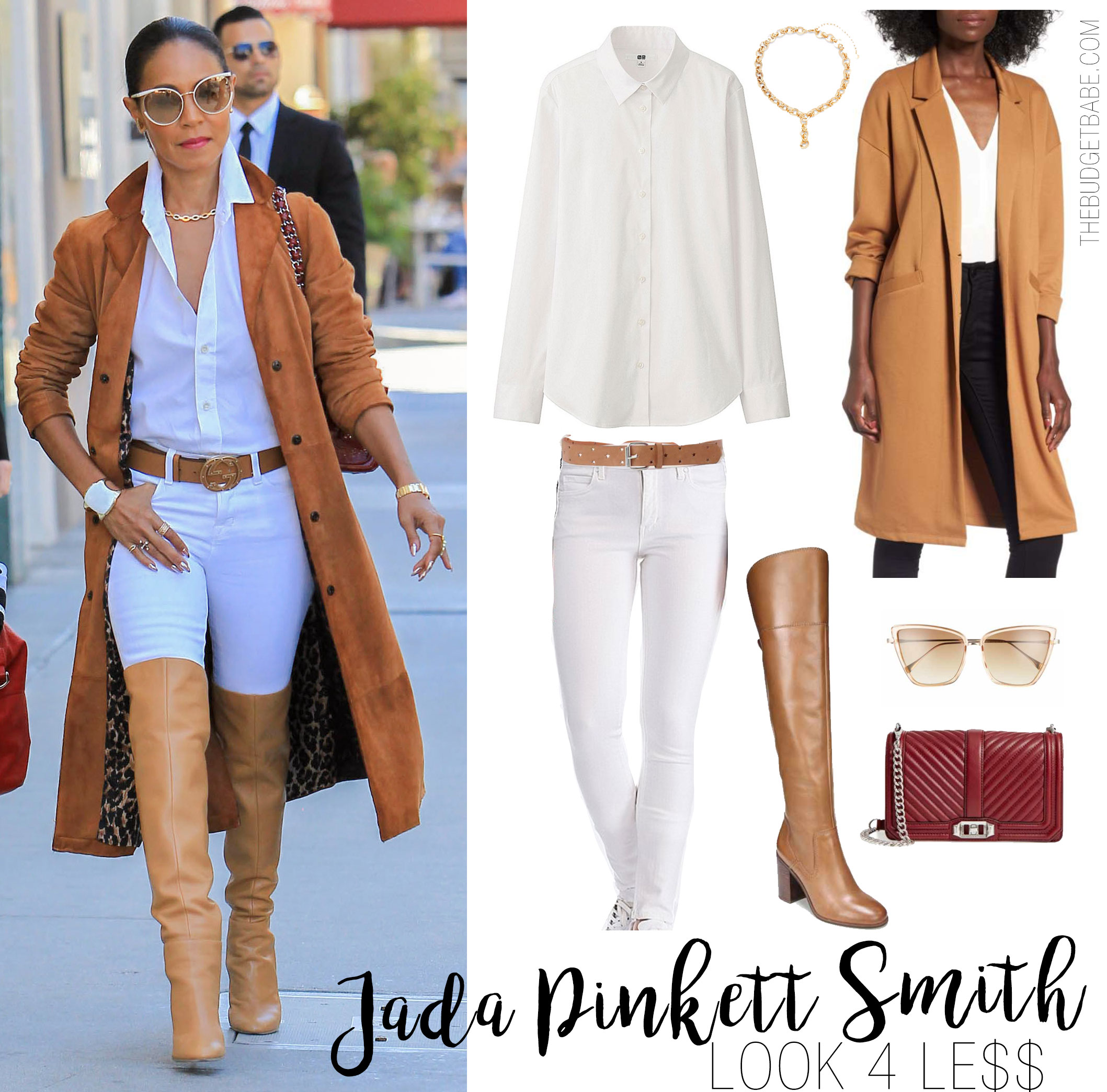 Jada Pinkett Smith wears a camel suede trench coat with a white button-down shirt, white skinny jeans, and cognac over-the-knee boots.