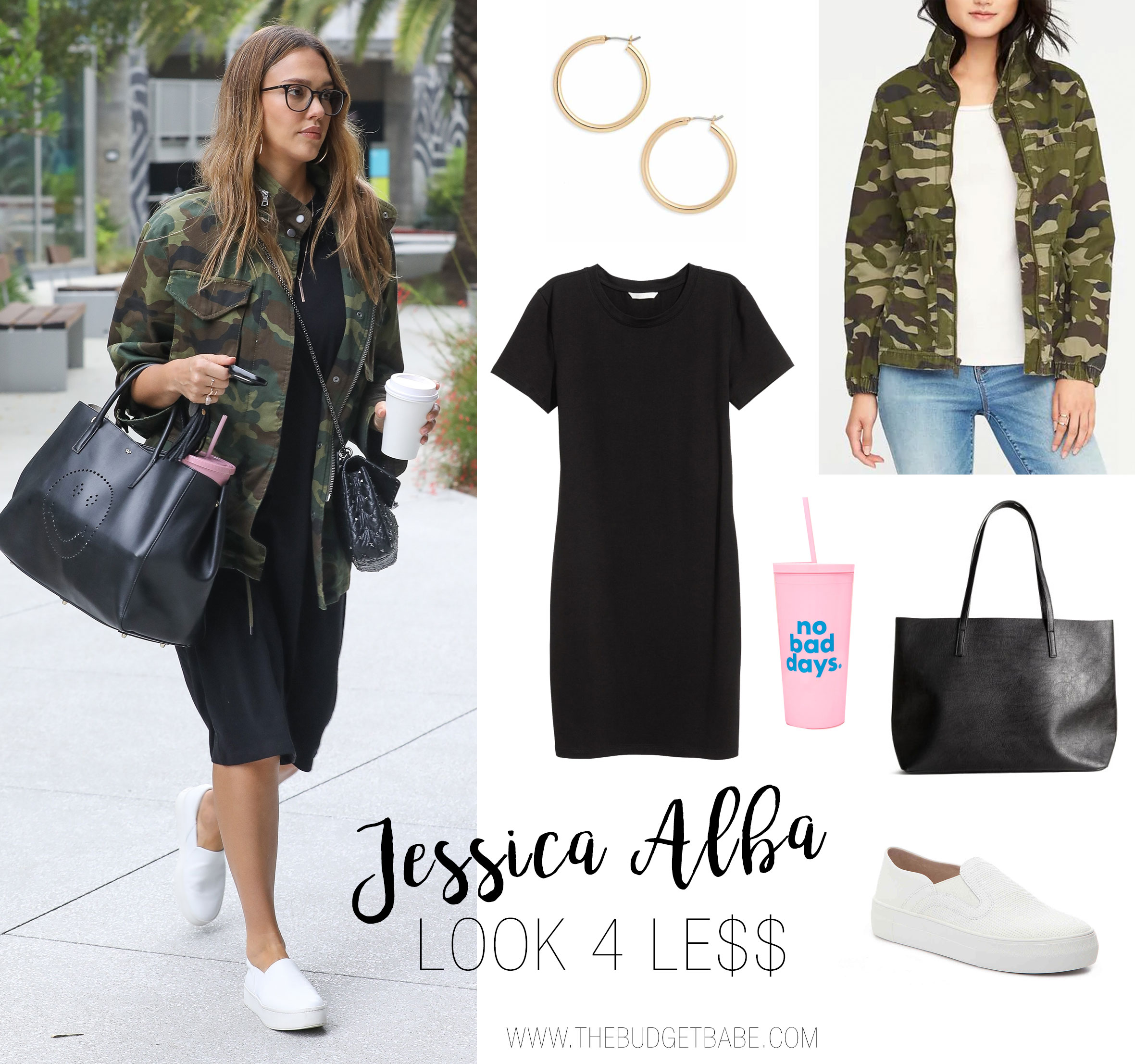 Jessica Alba wears her Alice and Olivia camo jacket with a black dress, Vince sneakers and Anya Hindmarch Smiley Tote Bag.