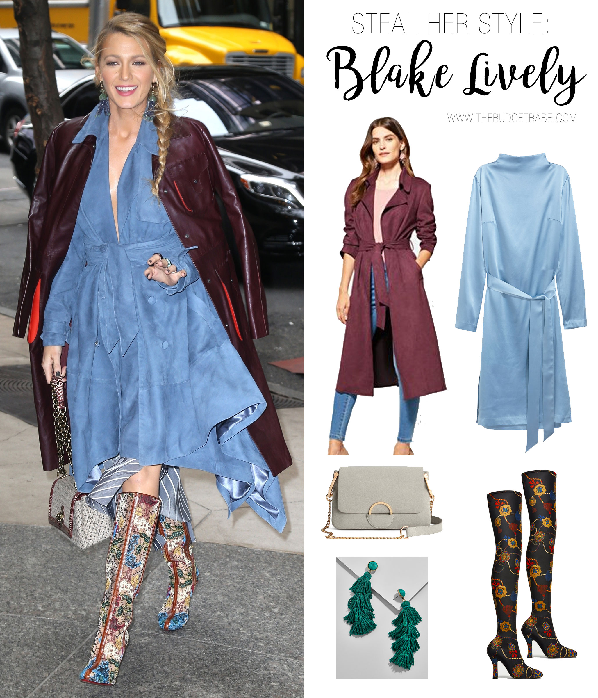 Blake Lively wears a Bottega Veneta burgundy leather trench coat, denim wrap dress and Christian Louboutin embroidered boots.