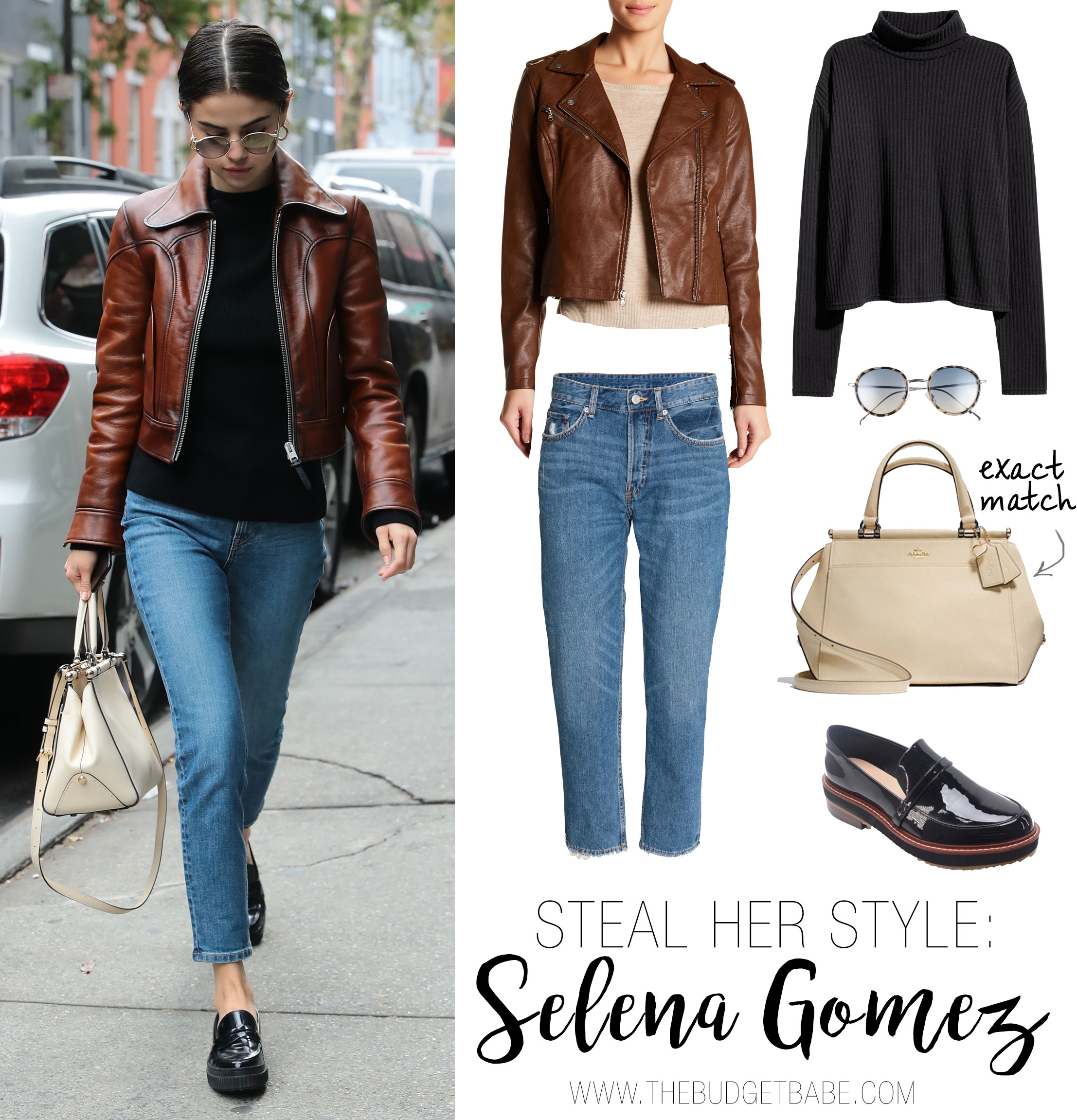 Selena Gomez wears a brown leather moto jacket, black sweater and black loafer flats.