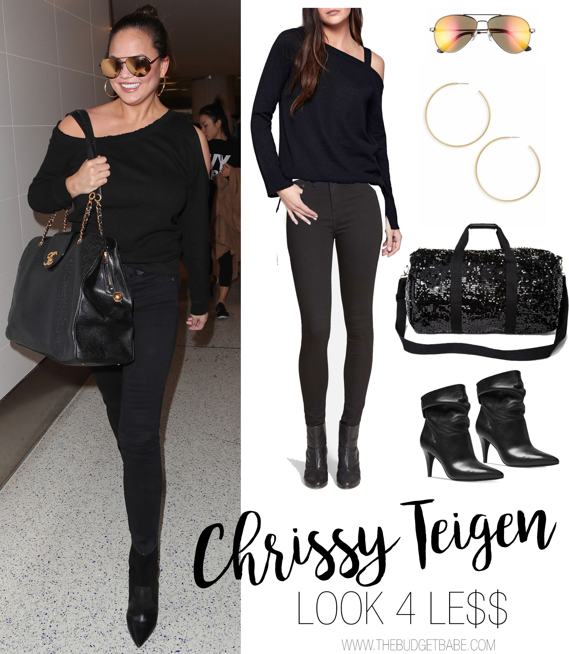 Chrissy Teigen wears a cold shoulder top and Chanel bag while traveling.