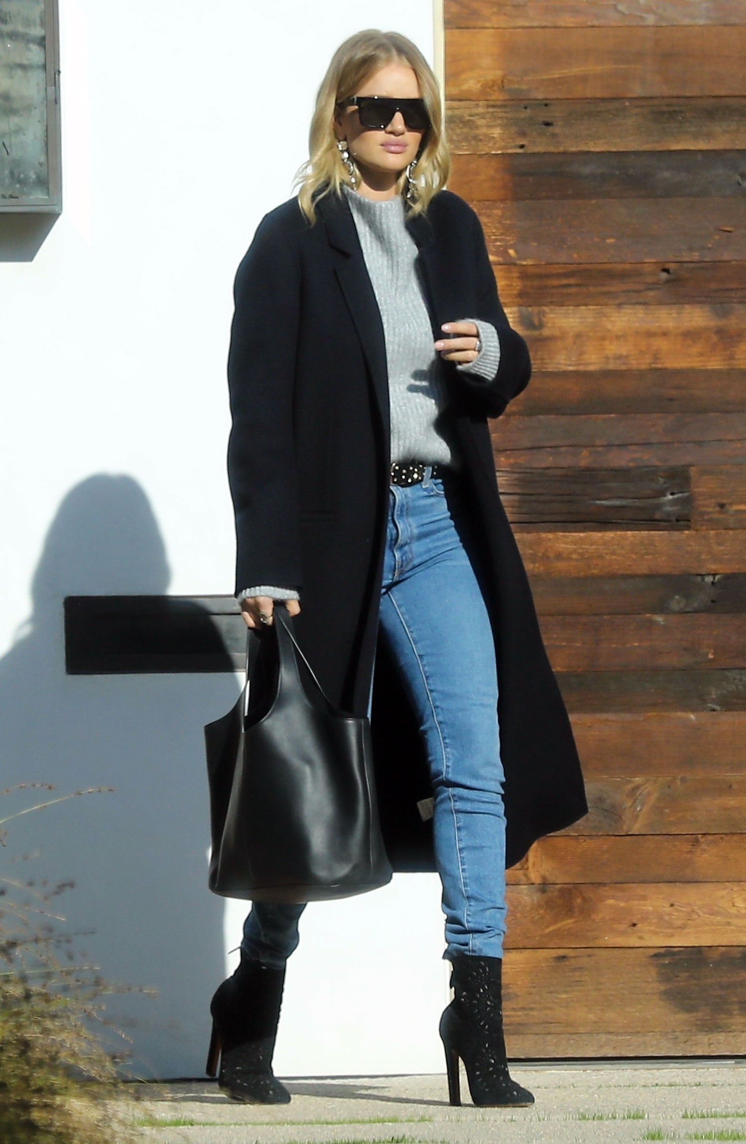 Rosie Huntington-Whiteley's black wool coat, grey sweater, skinny jeans and ankle boots celebrity look for less outfit idea
