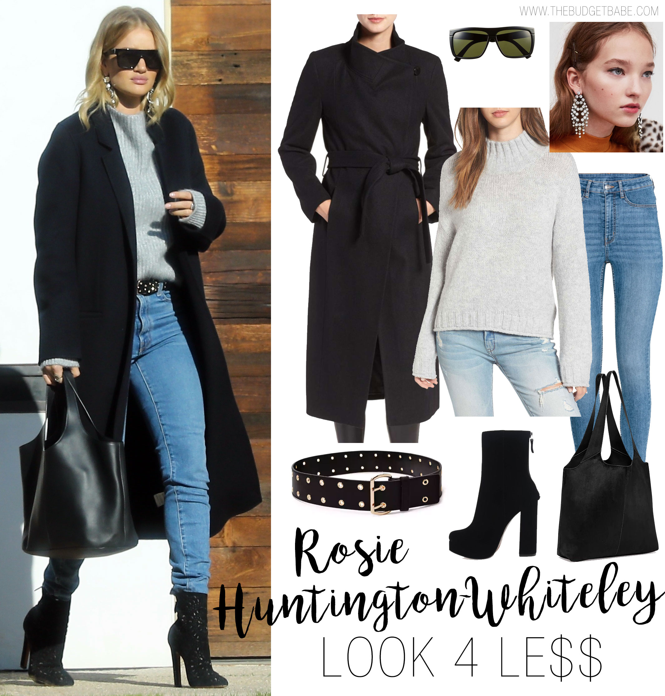 Rosie Huntington-Whiteley's black wool coat, grey sweater, skinny jeans and ankle boots celebrity look for less outfit idea
