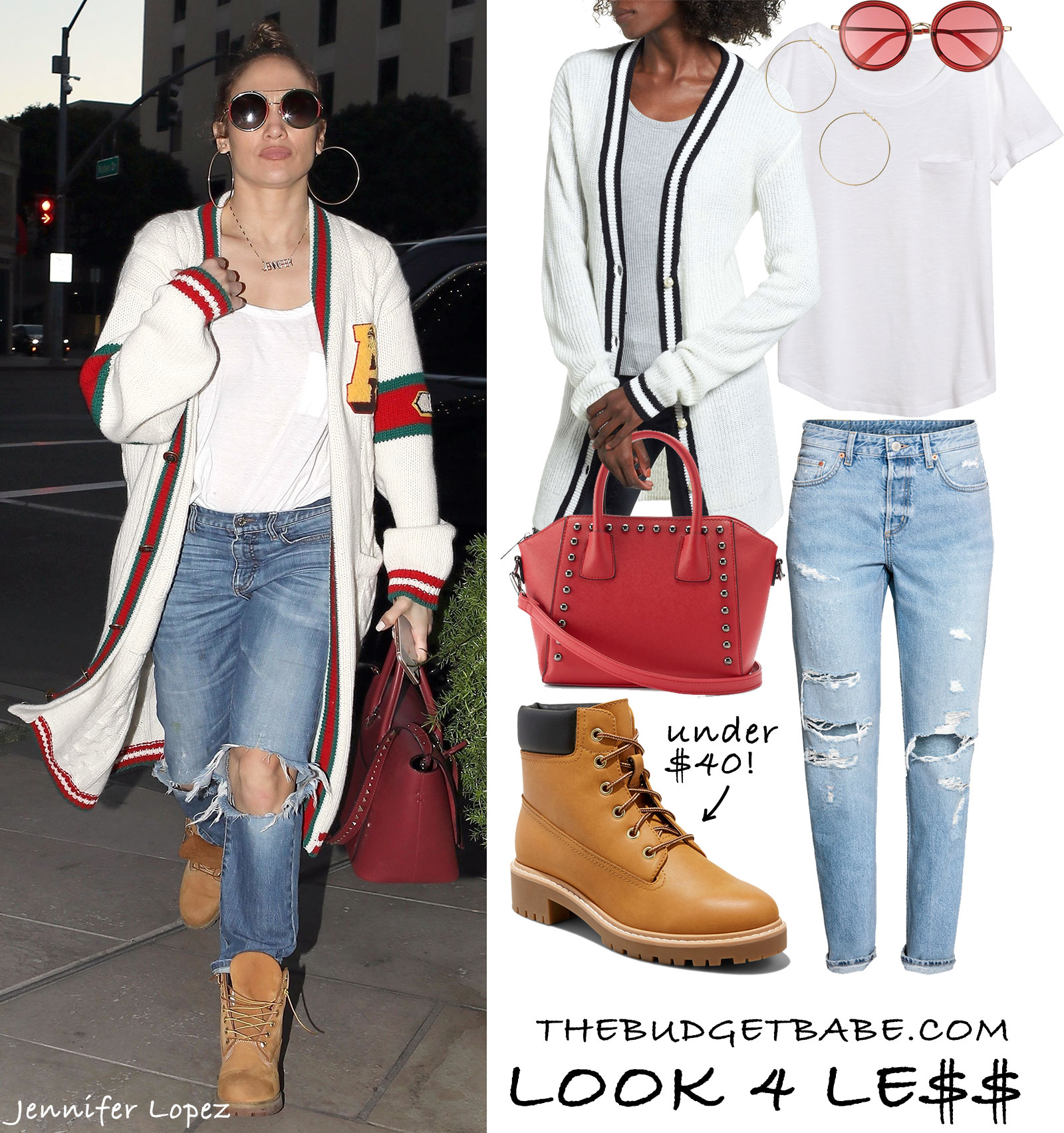 Jennifer Lopez wears a Gucci cardigan sweater with ripped jeans, Timberland boots and Valentino trapeze bag.