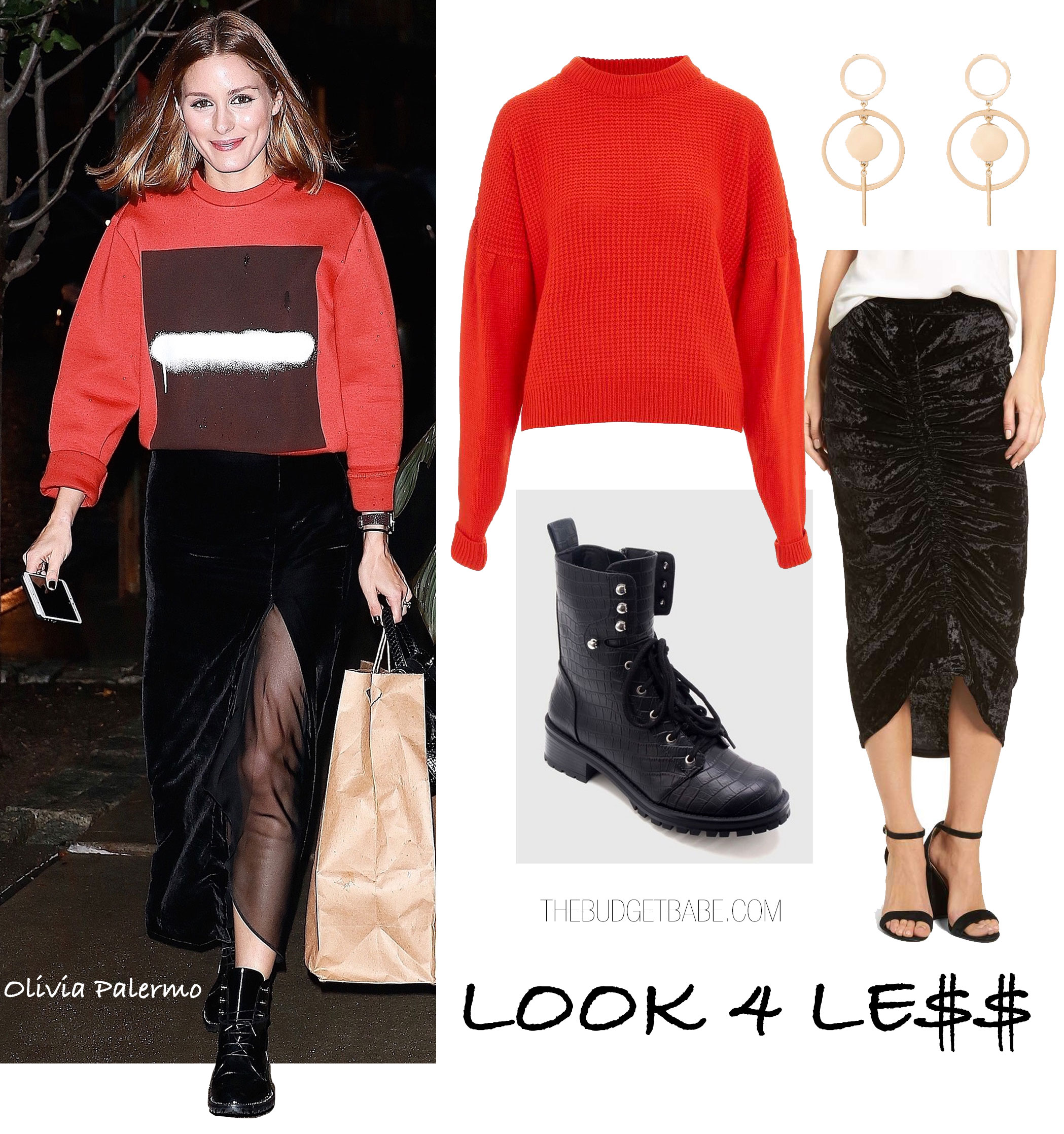 For an unconventional holiday party look, try a velvet midi skirt, chunky red sweater and combat boots like Olivia Palermo.