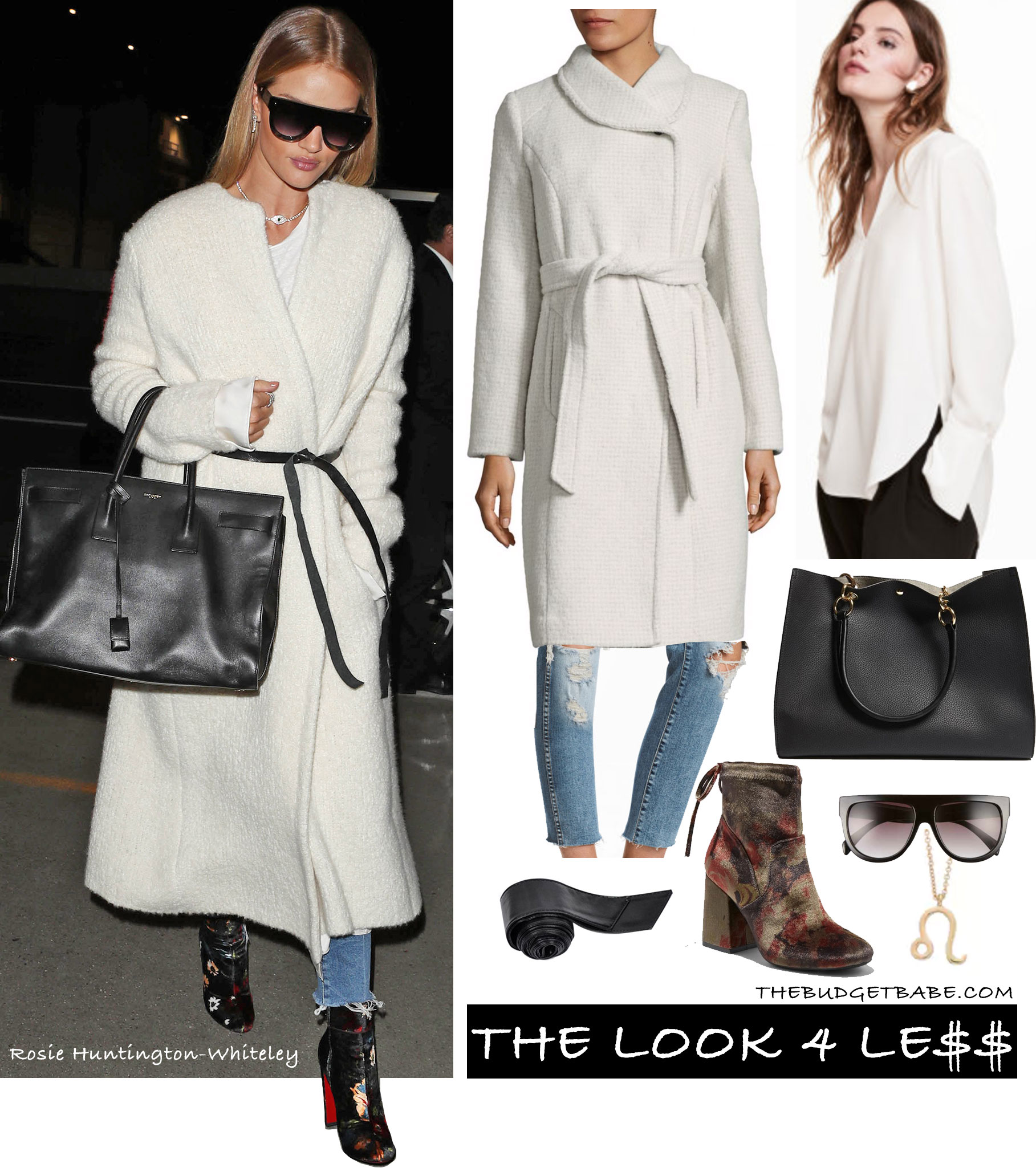 Rosie Huntington-Whiteley wears a white wrap coat by Isabel Marant with Paige jeans, Saint Laurent bag and Christian Louboutin shoes.
