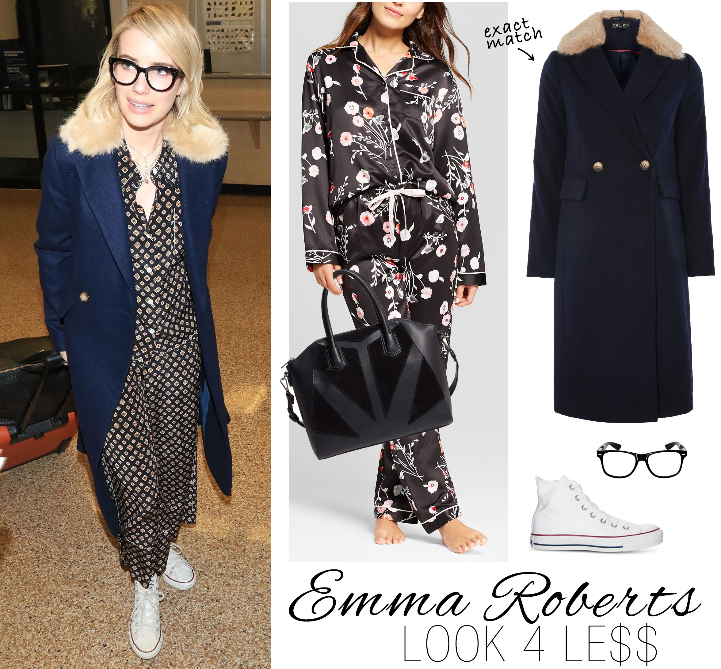 Emma Roberts wears Topshop pajamas and coat with Converse sneakers and Celine geek glasses.