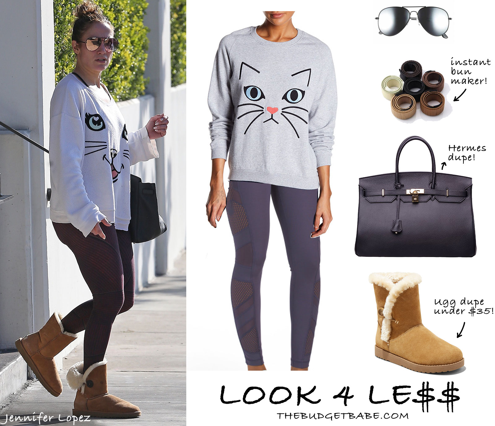 J. Lo's post-workout style: Cat sweatshirt, mesh panel leggings and Ugg boots