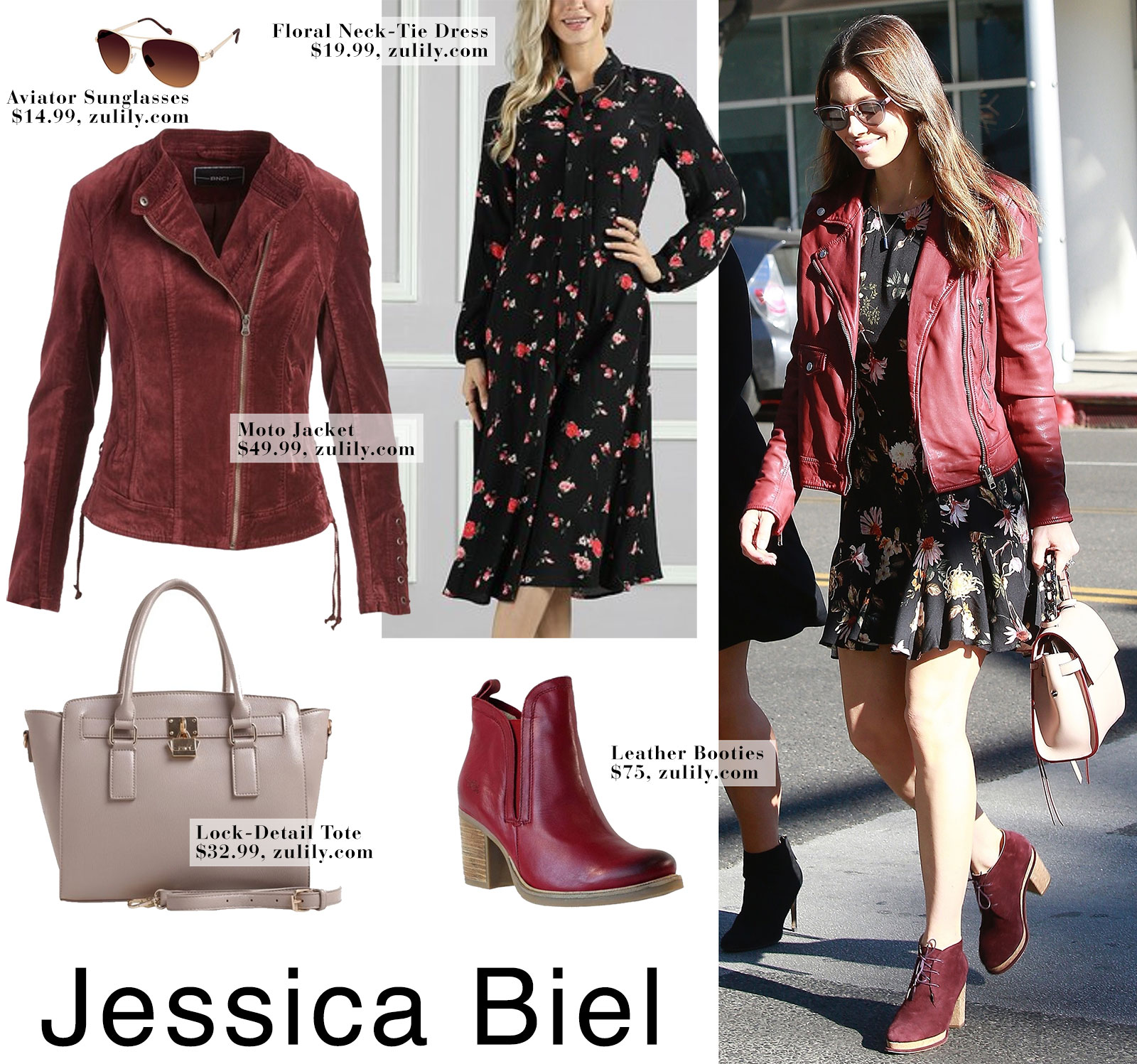 Jessica Biel wears a floral dress with a burgundy red moto jacket and Chanel lace up booties.
